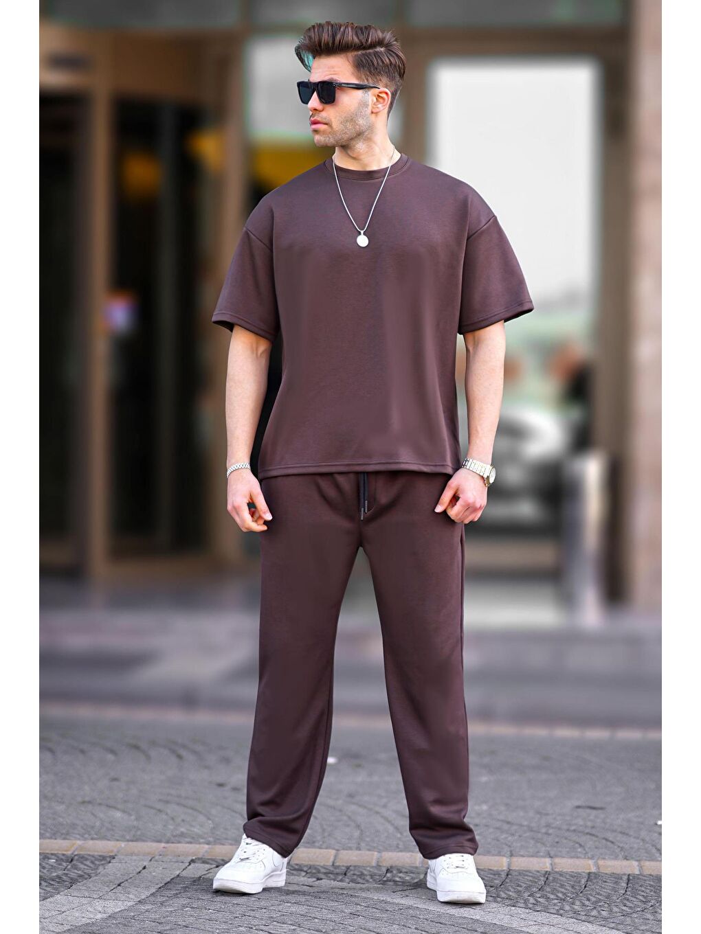 Kahverengi Oversize Kısa Kollu Eşofman Takımı 5954-1