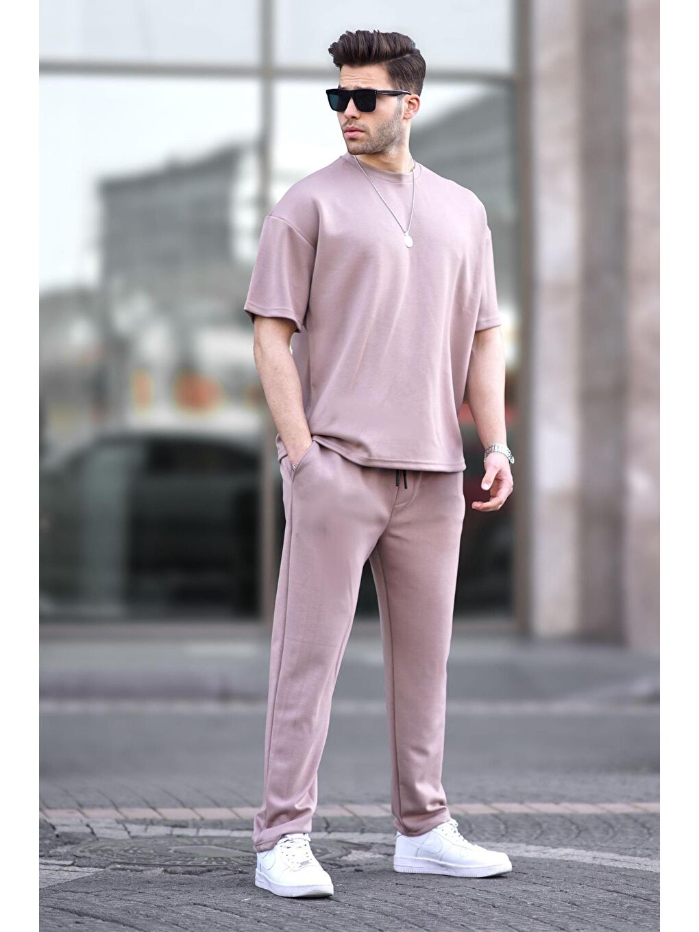 Bej Oversize Kısa Kollu Eşofman Takımı 5954