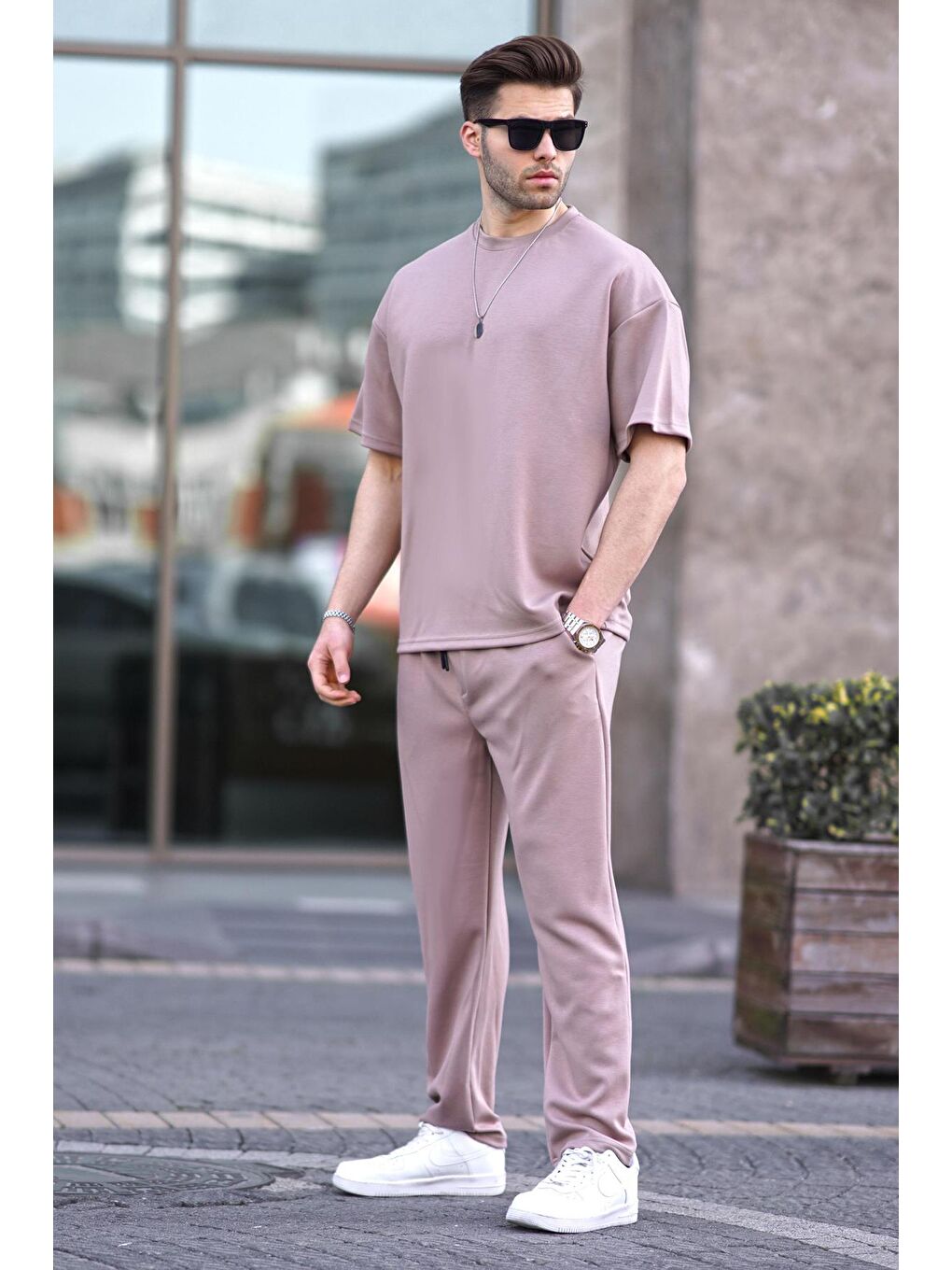 Bej Oversize Kısa Kollu Eşofman Takımı 5954-1