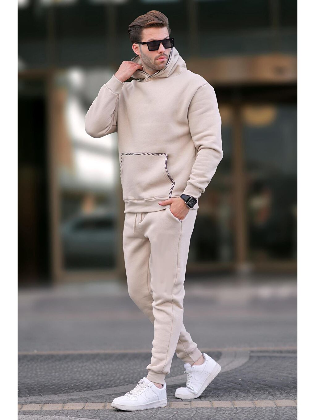 Bej Erkek Kapüşonlu Paçası Lastikli Eşofman Takımı 7045-1