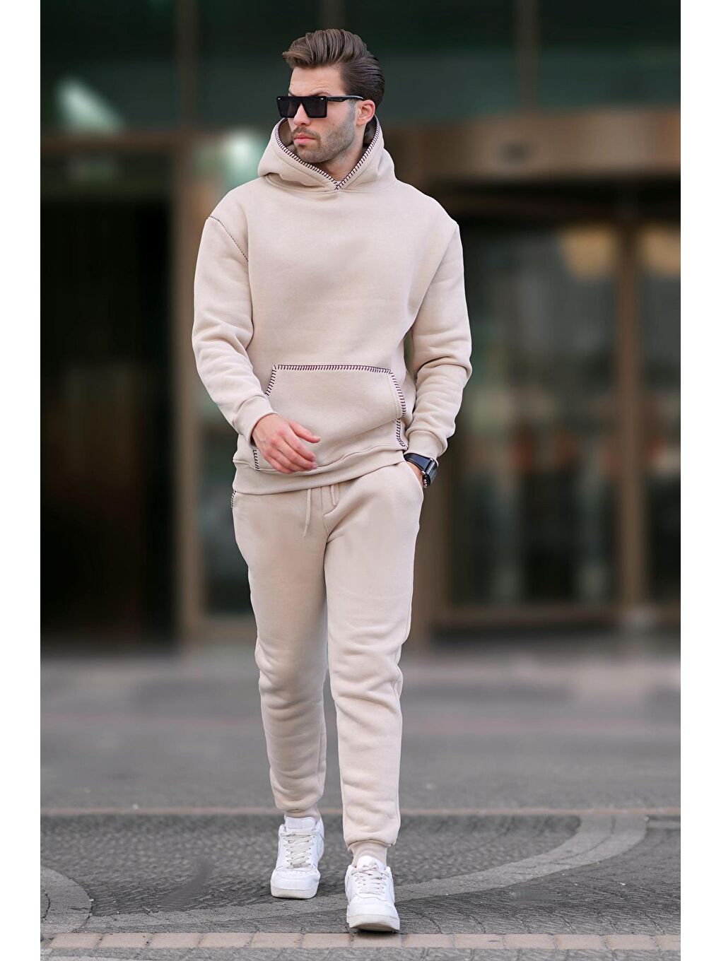 Bej Erkek Kapüşonlu Paçası Lastikli Eşofman Takımı 7045-2
