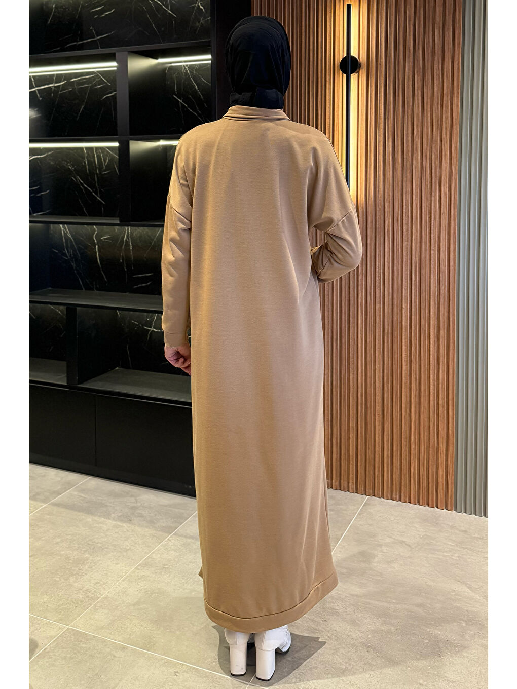 Kahverengi Kadın Yaka Fermuarlı Fitilli Tesettür Triko Elbise-6