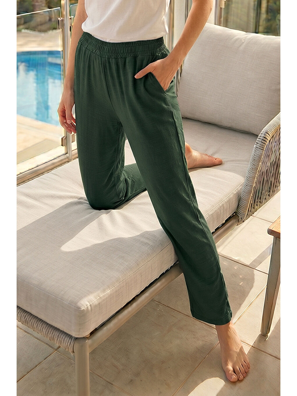 Kadın Penye Kumaş Pamuklu Tek Pijama Alt 11 Zümrüt Yeşil