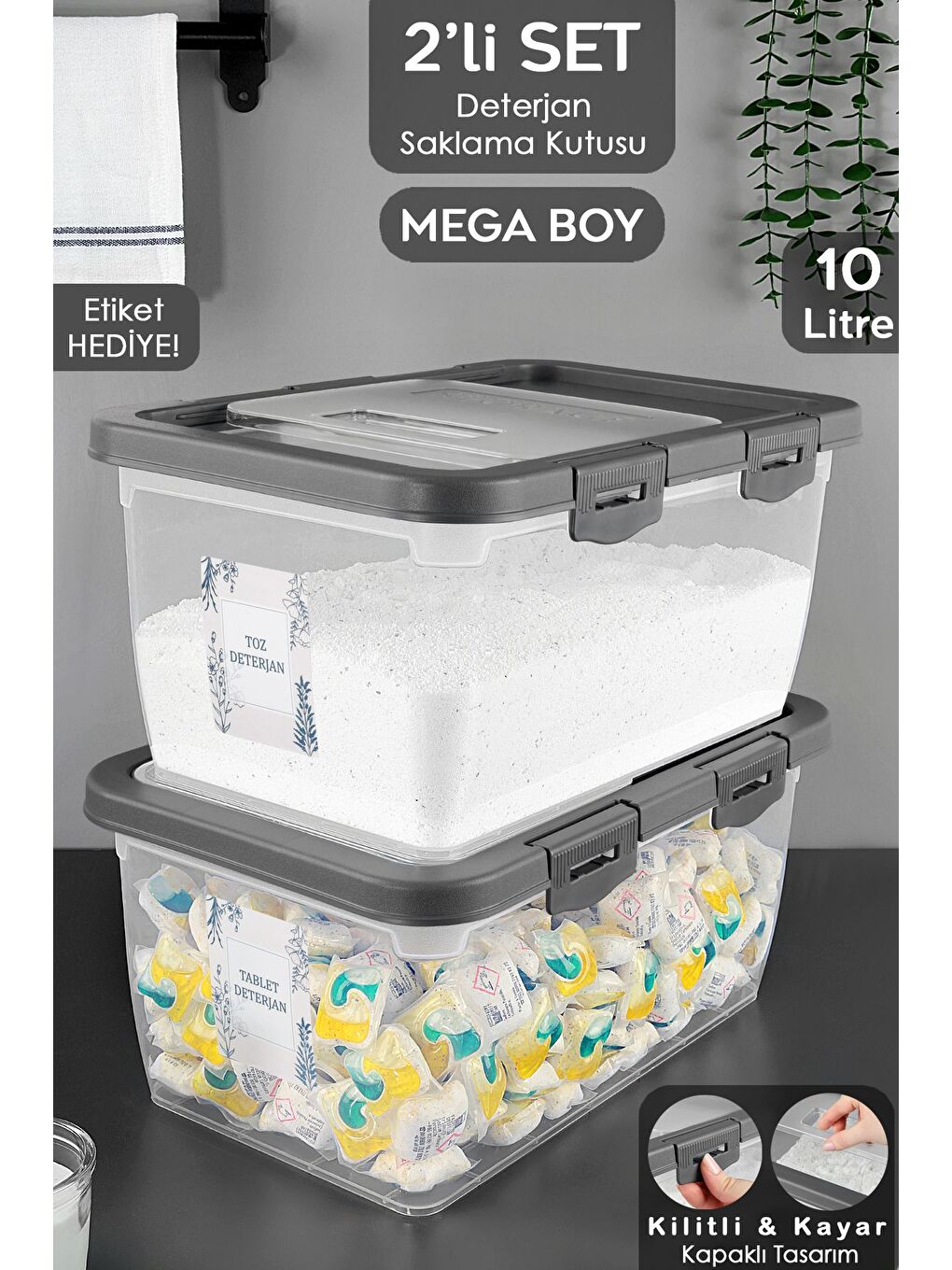2 Adet Etiketli Deterjan Saklama Kutusu   Kilitli Kayar Kapak Tablet Toz Deterjan Kabı 10 Lt Gri