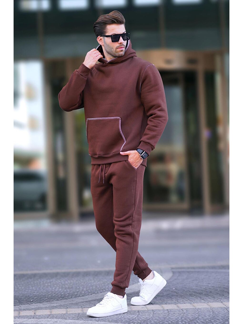 Acı Kahverengi Erkek Kapüşonlu Paçası Lastikli Eşofman Takımı 7045-1