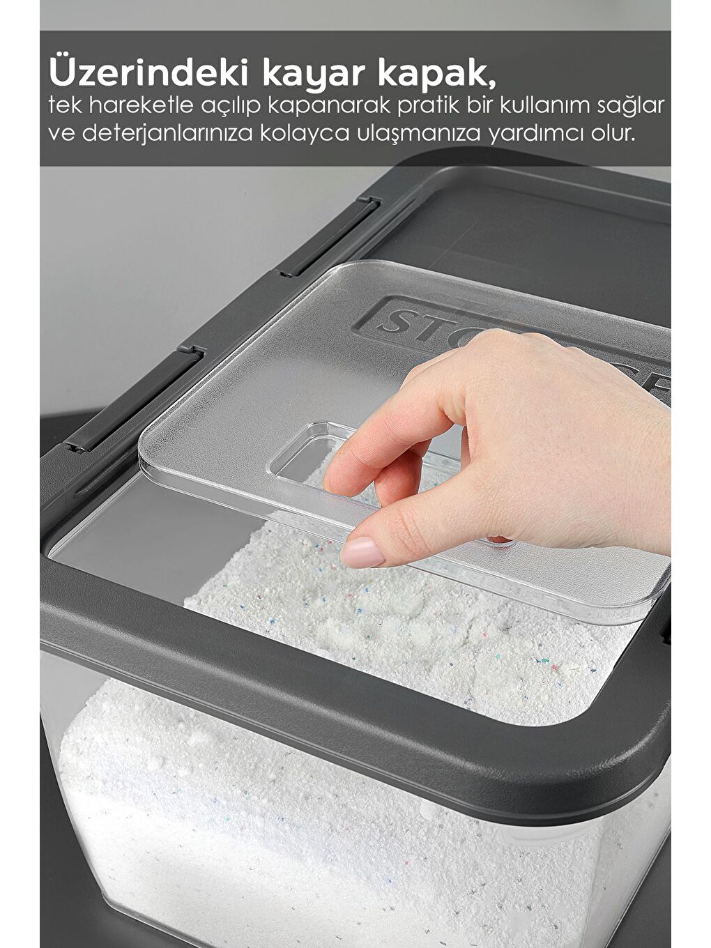 2 Adet Etiketli Deterjan Saklama Kutusu   Kilitli Kayar Kapak Tablet Toz Deterjan Kabı 10 Lt Gri-1