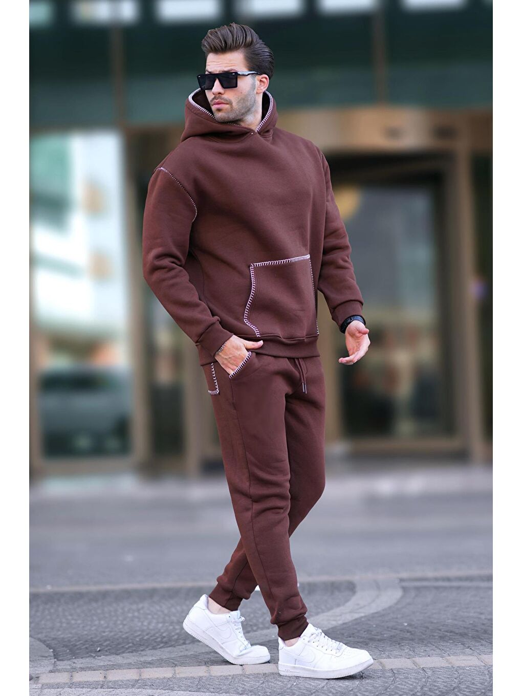 Acı Kahverengi Erkek Kapüşonlu Paçası Lastikli Eşofman Takımı 7045-2