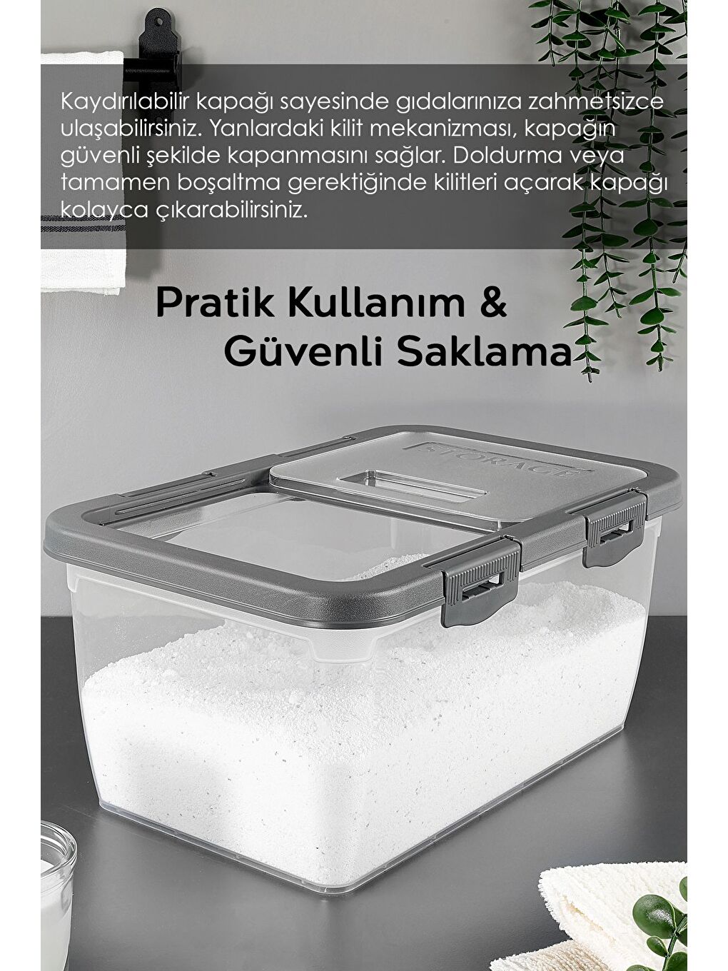 2 Adet Etiketli Deterjan Saklama Kutusu   Kilitli Kayar Kapak Tablet Toz Deterjan Kabı 10 Lt Gri-4