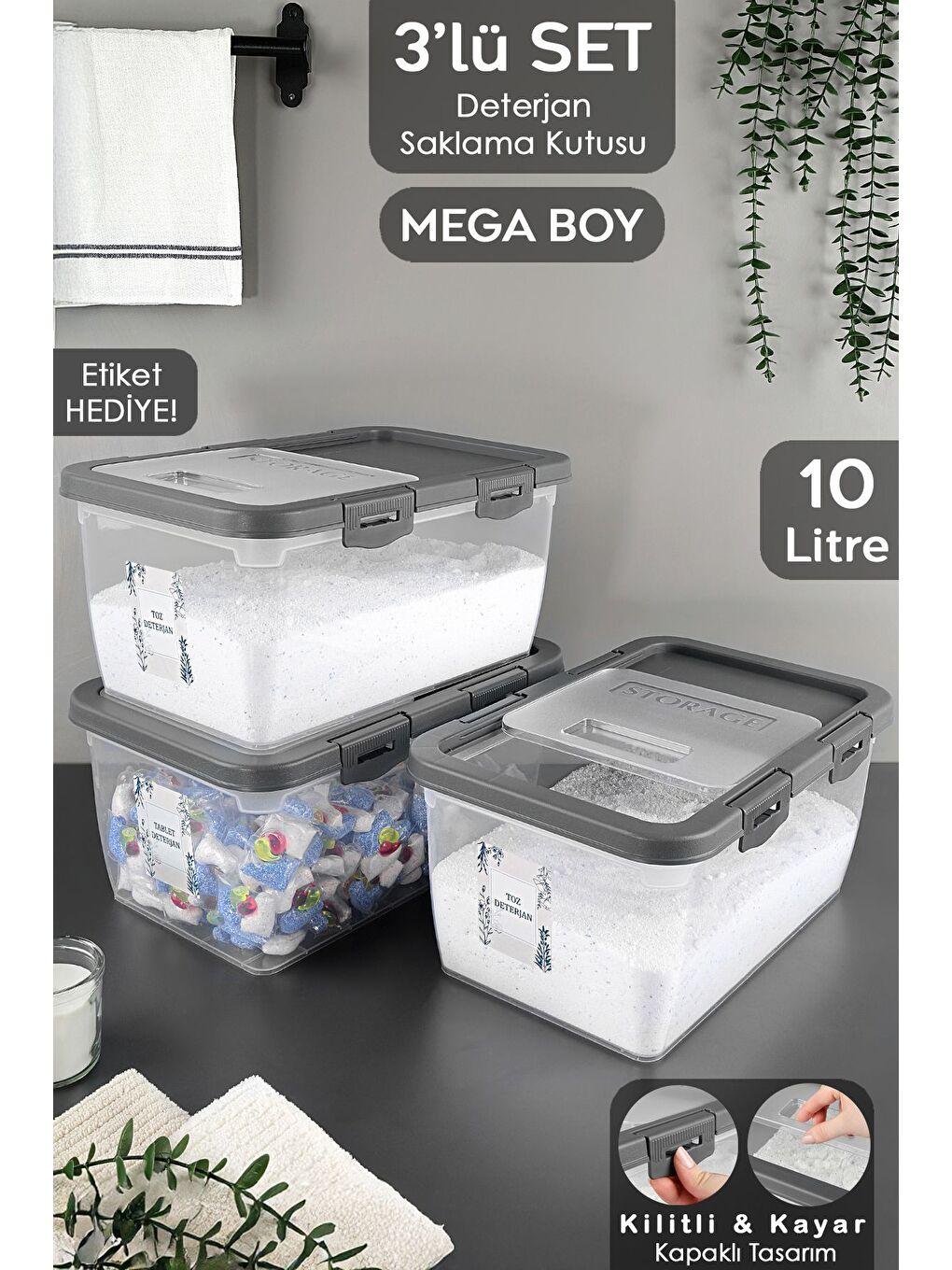 3 Adet Etiketli Deterjan Saklama Kutusu   Kilitli Kayar Kapak Tablet Toz Deterjan Kabı 10 Lt Gri