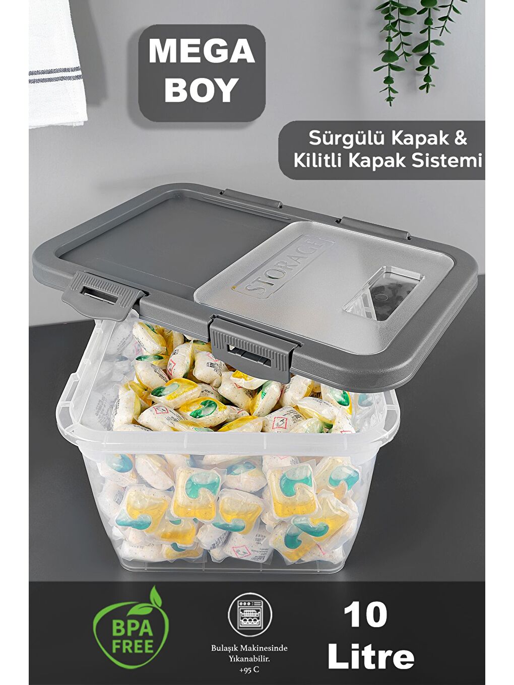 3 Adet Etiketli Deterjan Saklama Kutusu   Kilitli Kayar Kapak Tablet Toz Deterjan Kabı 10 Lt Gri-2