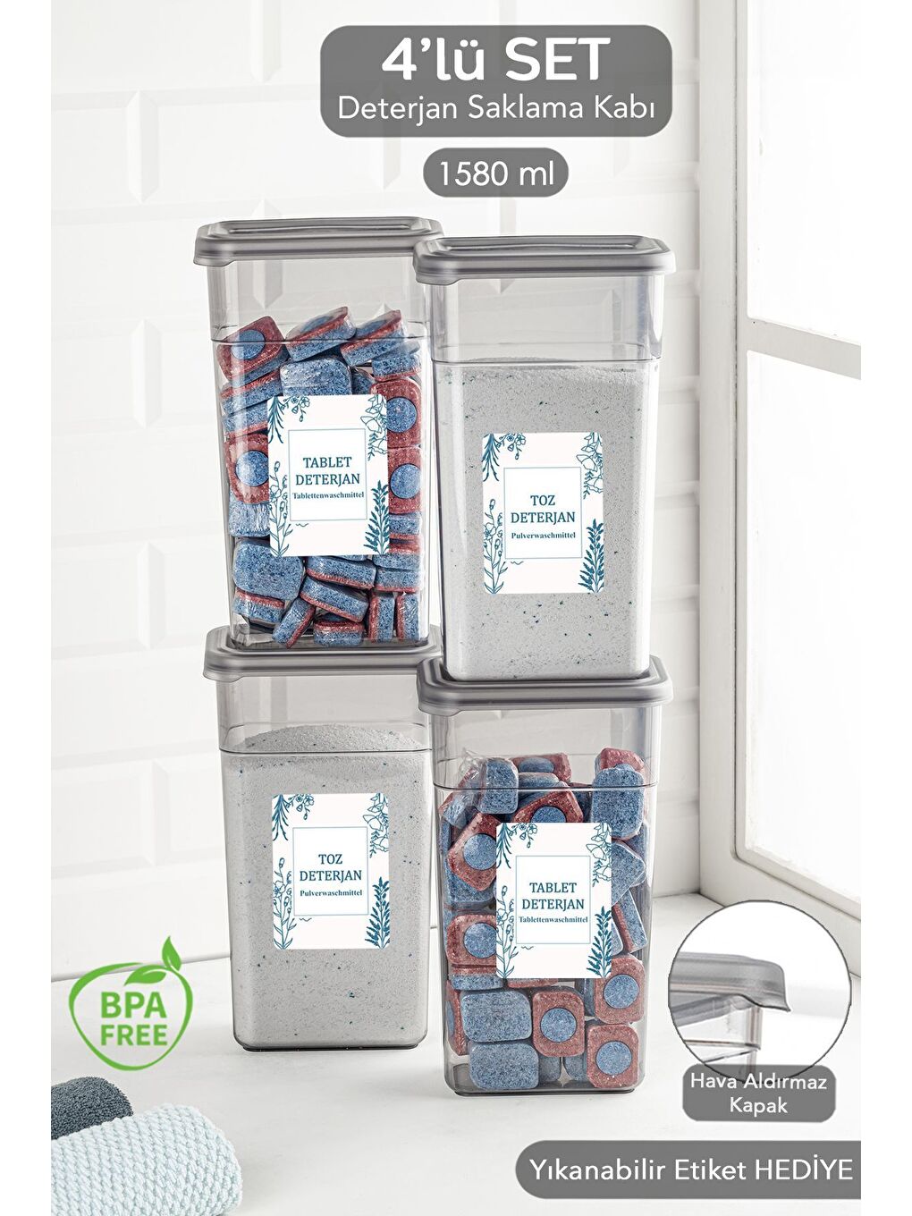 Gri 4 lü Etiketli Deterjan Saklama Kabı Seti   Hava Geçirmez Kapaklı Saklama Kutusu   4 x 1580 ml