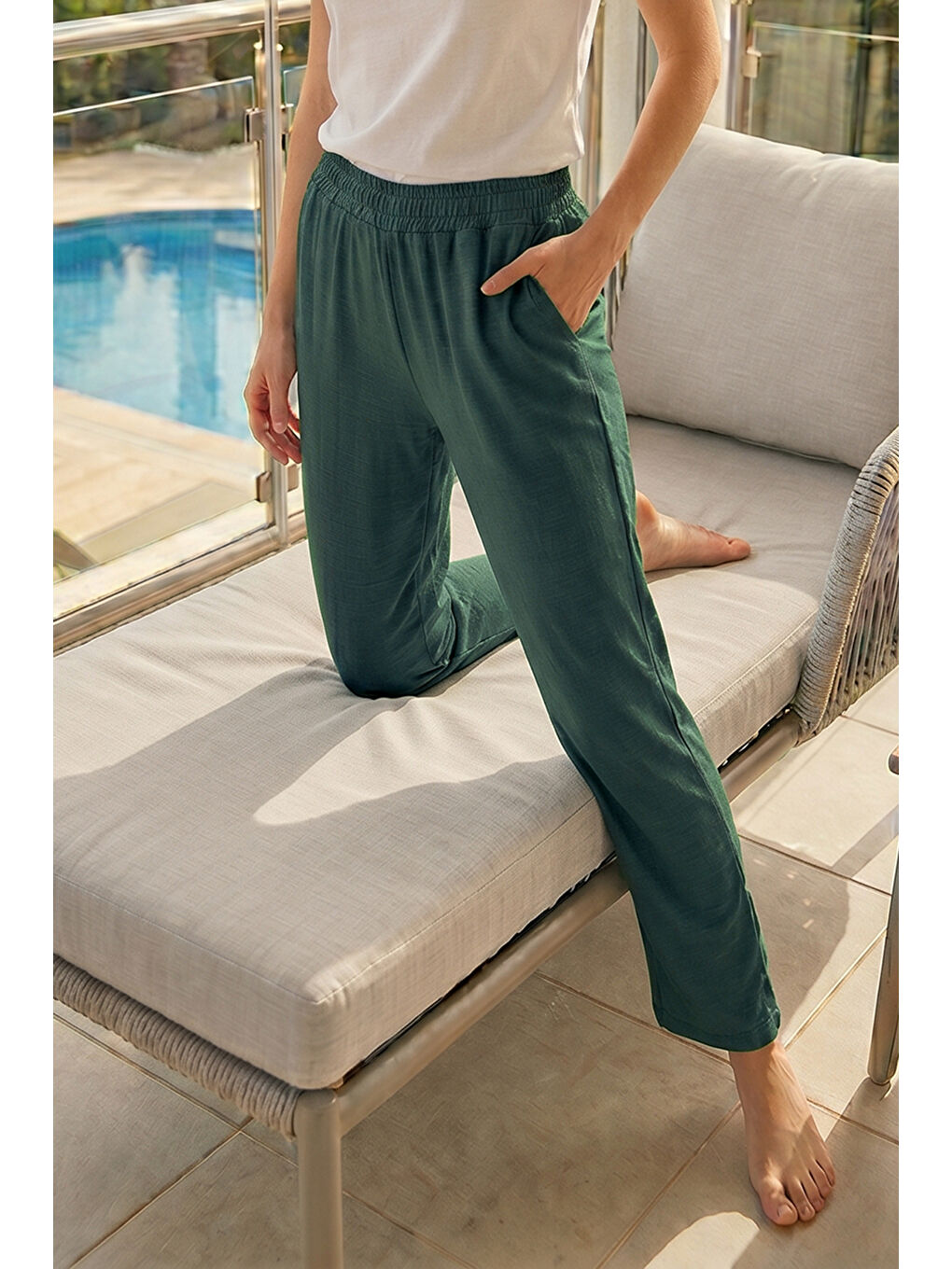 Kadın Penye Kumaş Pamuklu Tek Pijama Alt 12 Yeşil