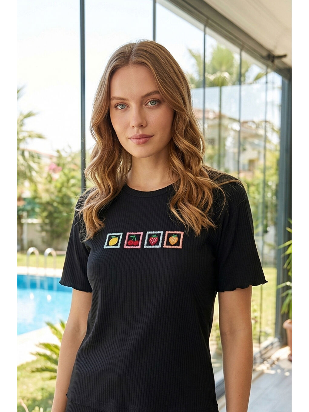 Kadın Kısa Kol Kaşkorse Kumaş Pijama Takımı 70823-3354 Siyah-1