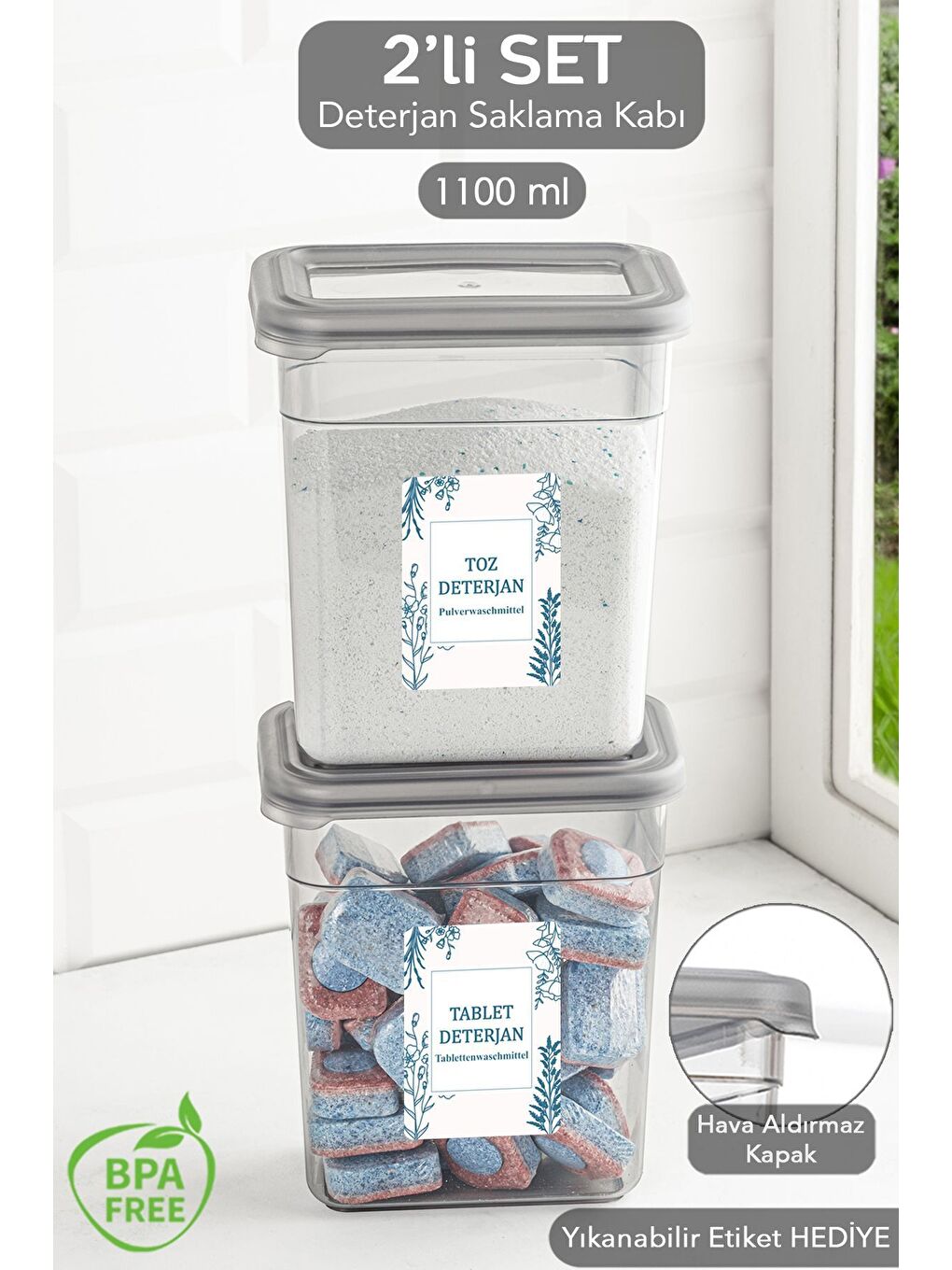 Gri 2 li Etiketli Deterjan Saklama Kabı Seti   Hava Geçirmez Kapaklı Saklama Kutusu   2 x 1100 ml