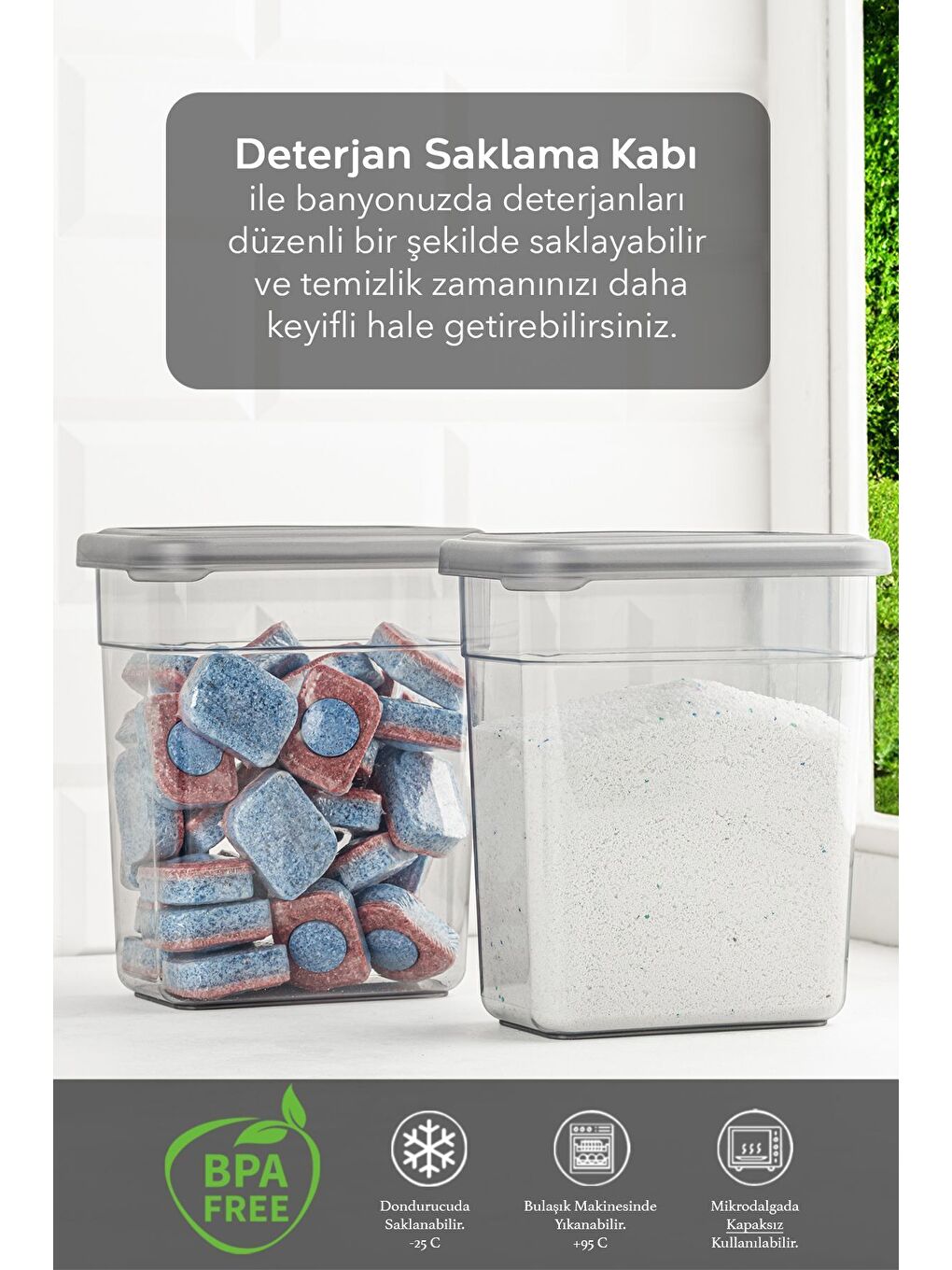 Gri 2 li Etiketli Deterjan Saklama Kabı Seti   Hava Geçirmez Kapaklı Saklama Kutusu   2 x 1100 ml-1