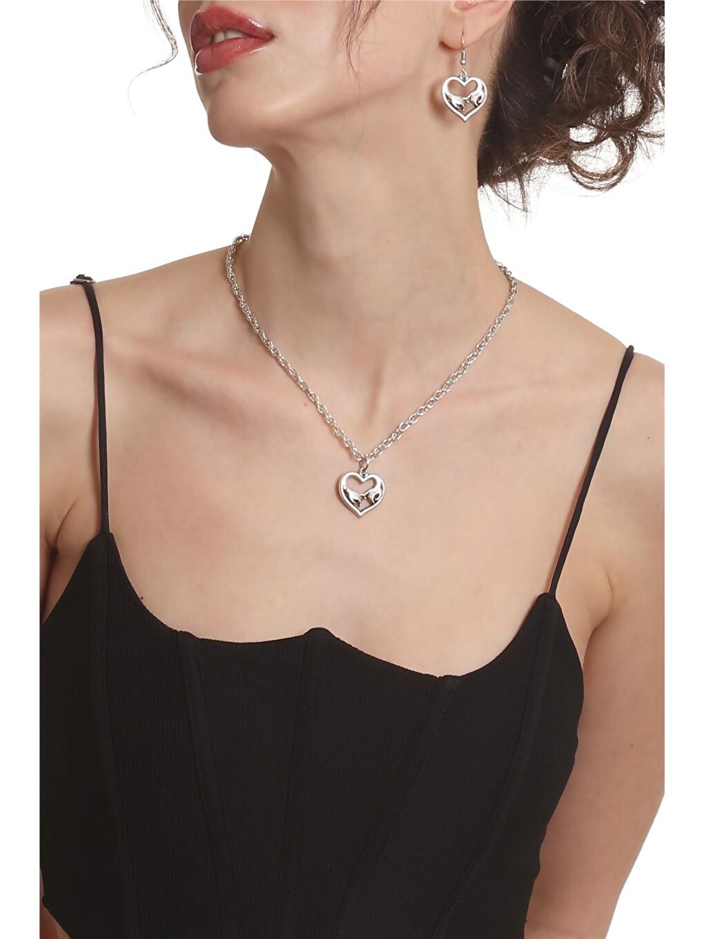 Gri Kadın Antik Gümüş Kaplama Kalp Charmlı Sarılan El Zincir Kolye&Küpe Set-2