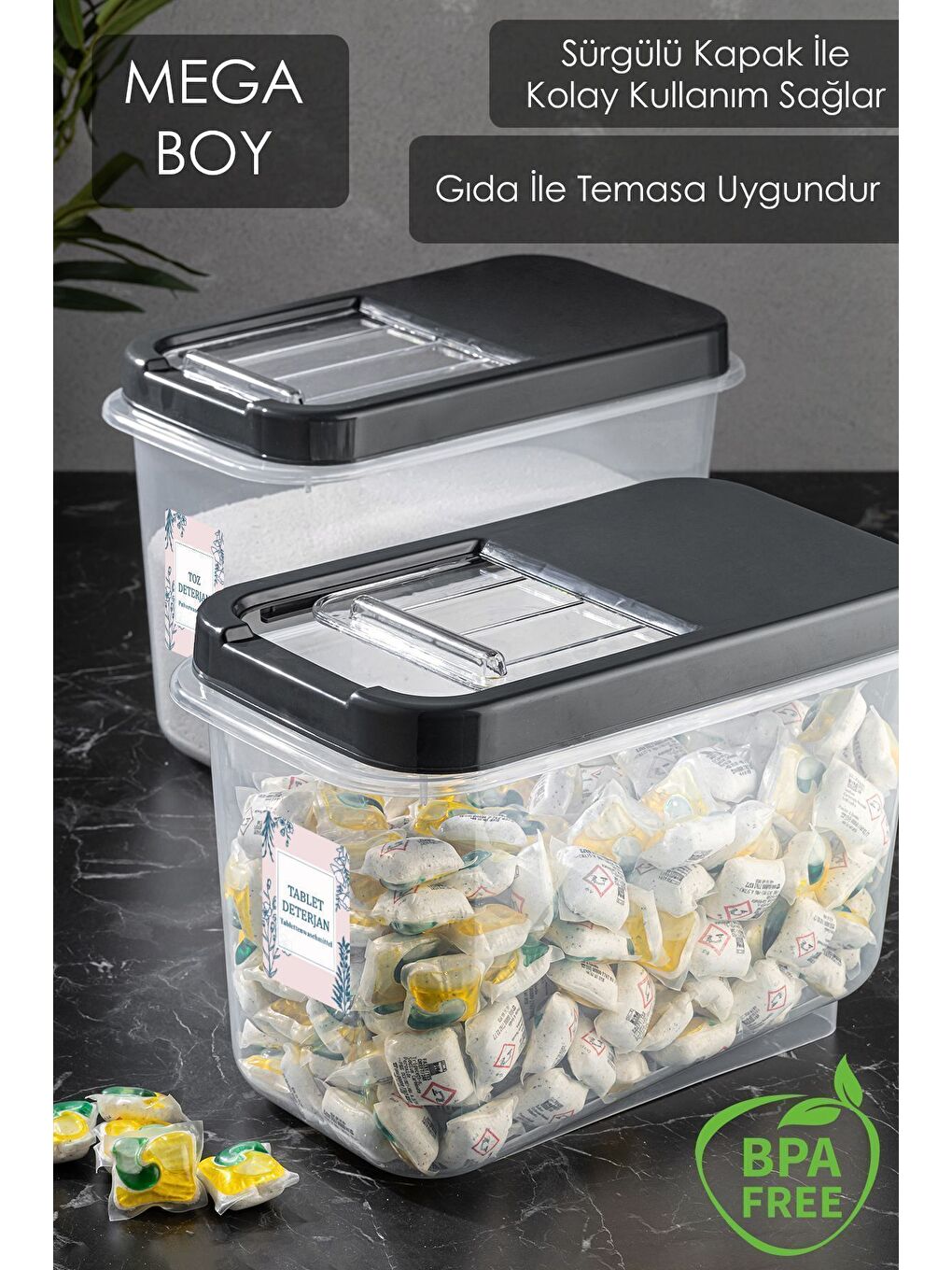 3 lü 10 Lt Mega Banyo Düzenleyici Kayar Kapaklı Etiketli Toz Tablet Deterjan Saklama Kutusu Antrasit-1