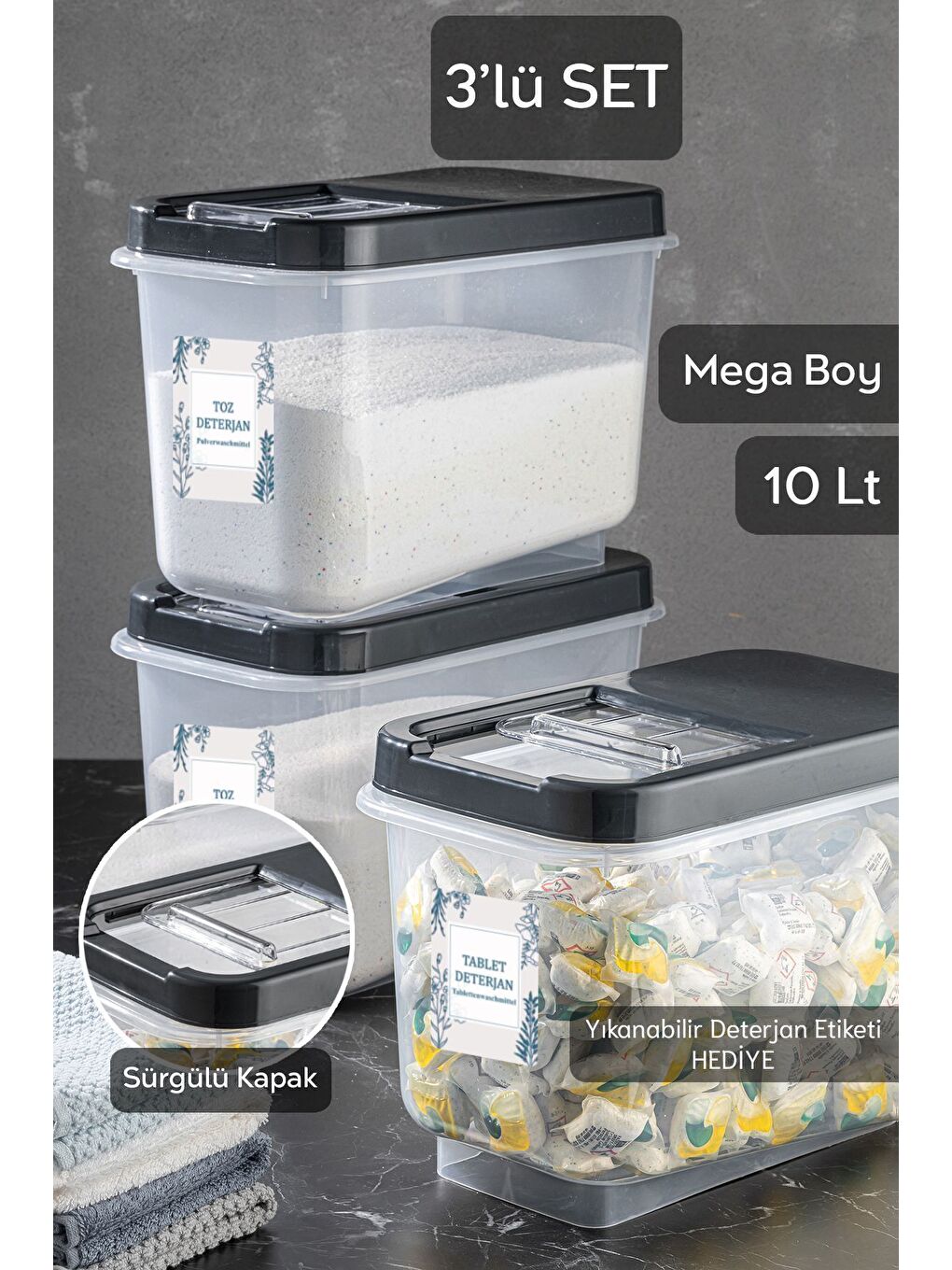3 lü 10 Lt Mega Banyo Düzenleyici Kayar Kapaklı Etiketli Toz Tablet Deterjan Saklama Kutusu Antrasit-3