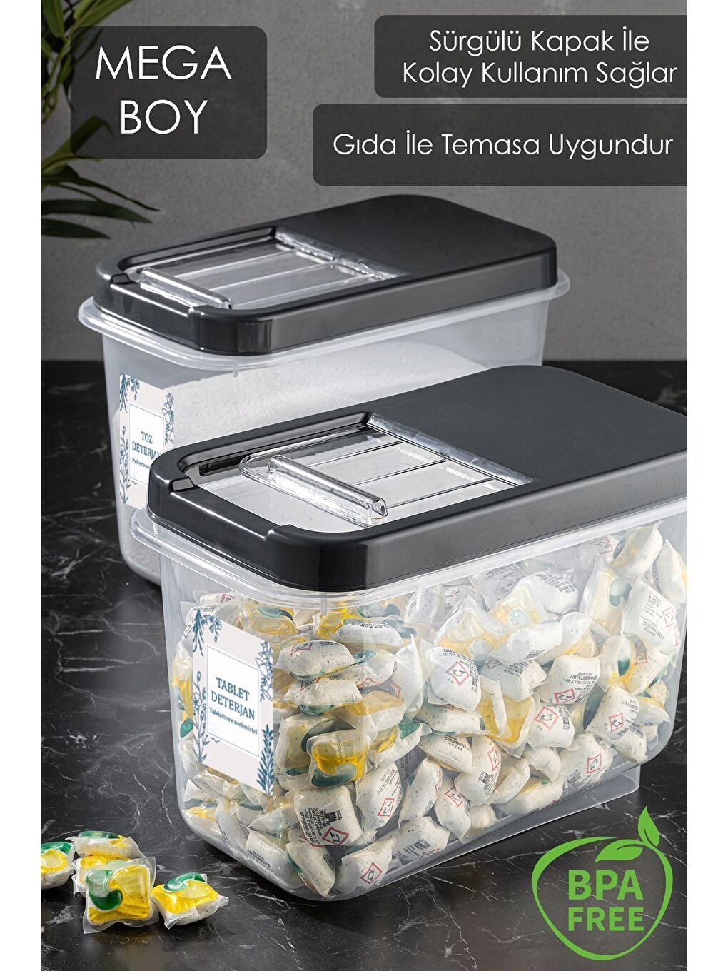 3 lü 10 Lt Mega Banyo Düzenleyici Kayar Kapaklı Etiketli Toz Tablet Deterjan Saklama Kutusu Antrasit-4