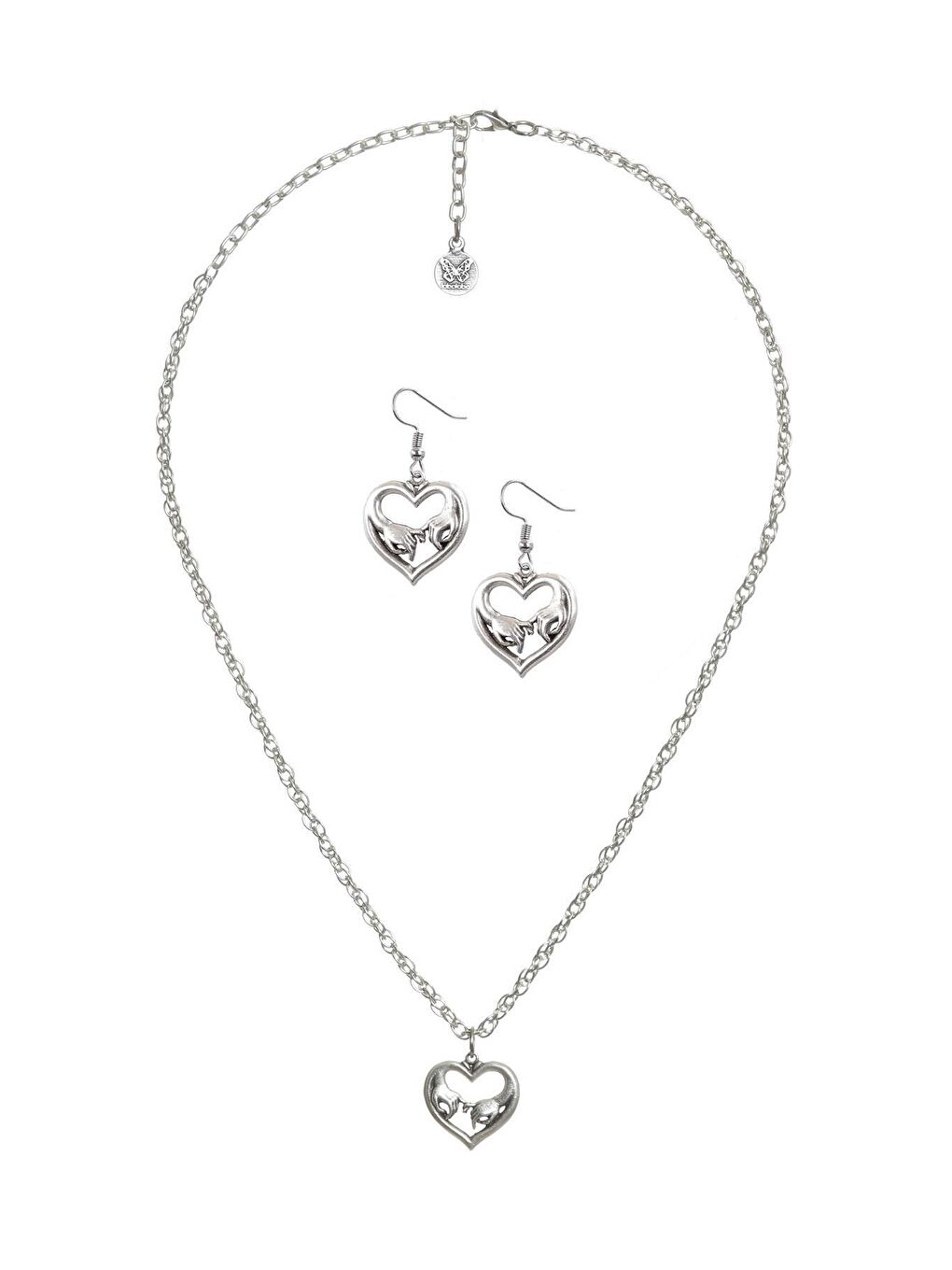 Gri Kadın Antik Gümüş Kaplama Kalp Charmlı Sarılan El Zincir Kolye&Küpe Set