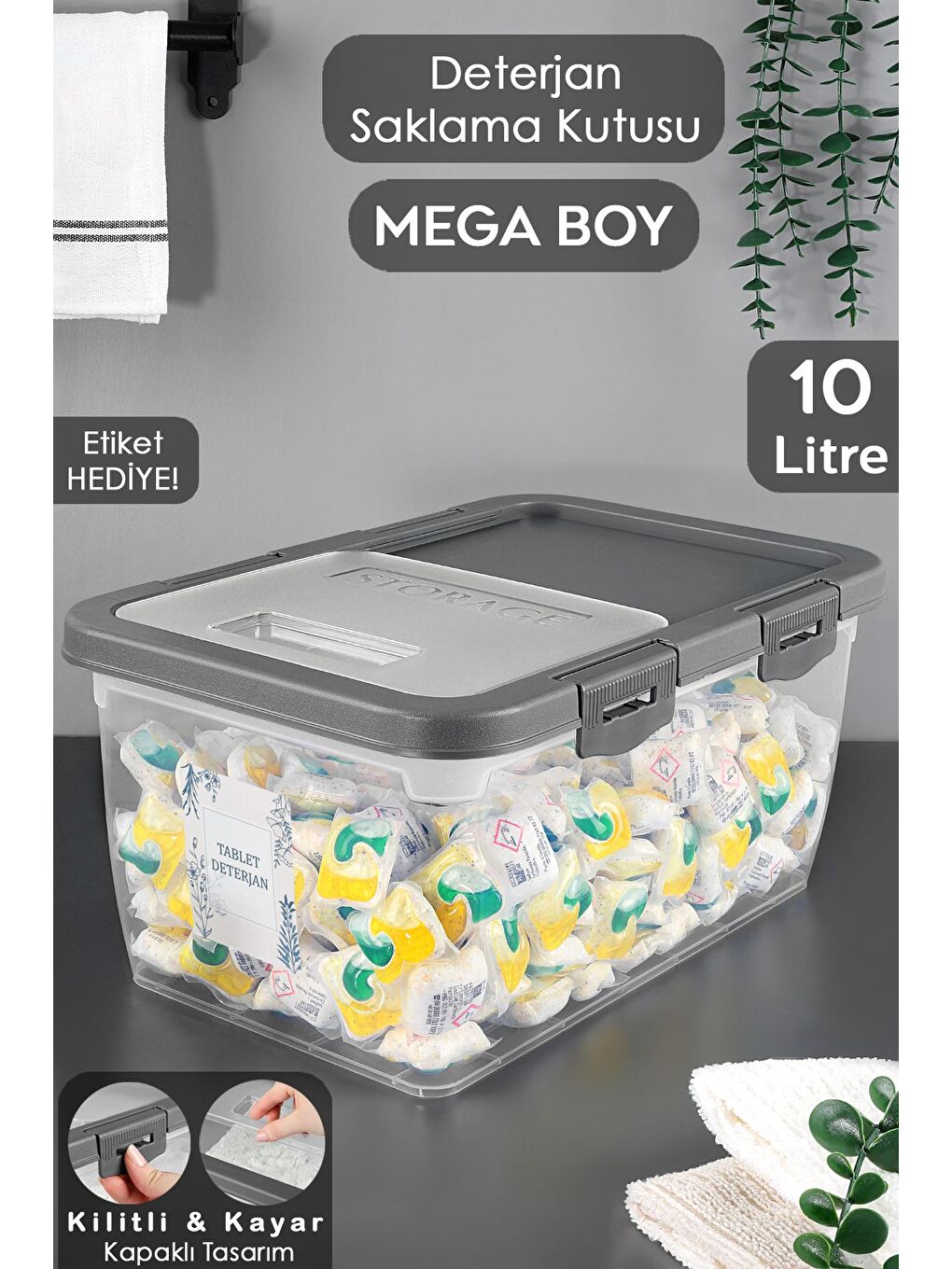 1 Adet Etiketli Deterjan Saklama Kutusu   Kilitli Kayar Kapak Tablet Toz Deterjan Kabı 10 Lt Gri