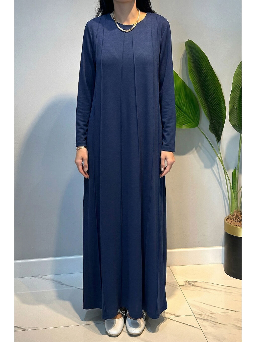 Penye Nervür Detaylı Elbise 13286 Lacivert-1