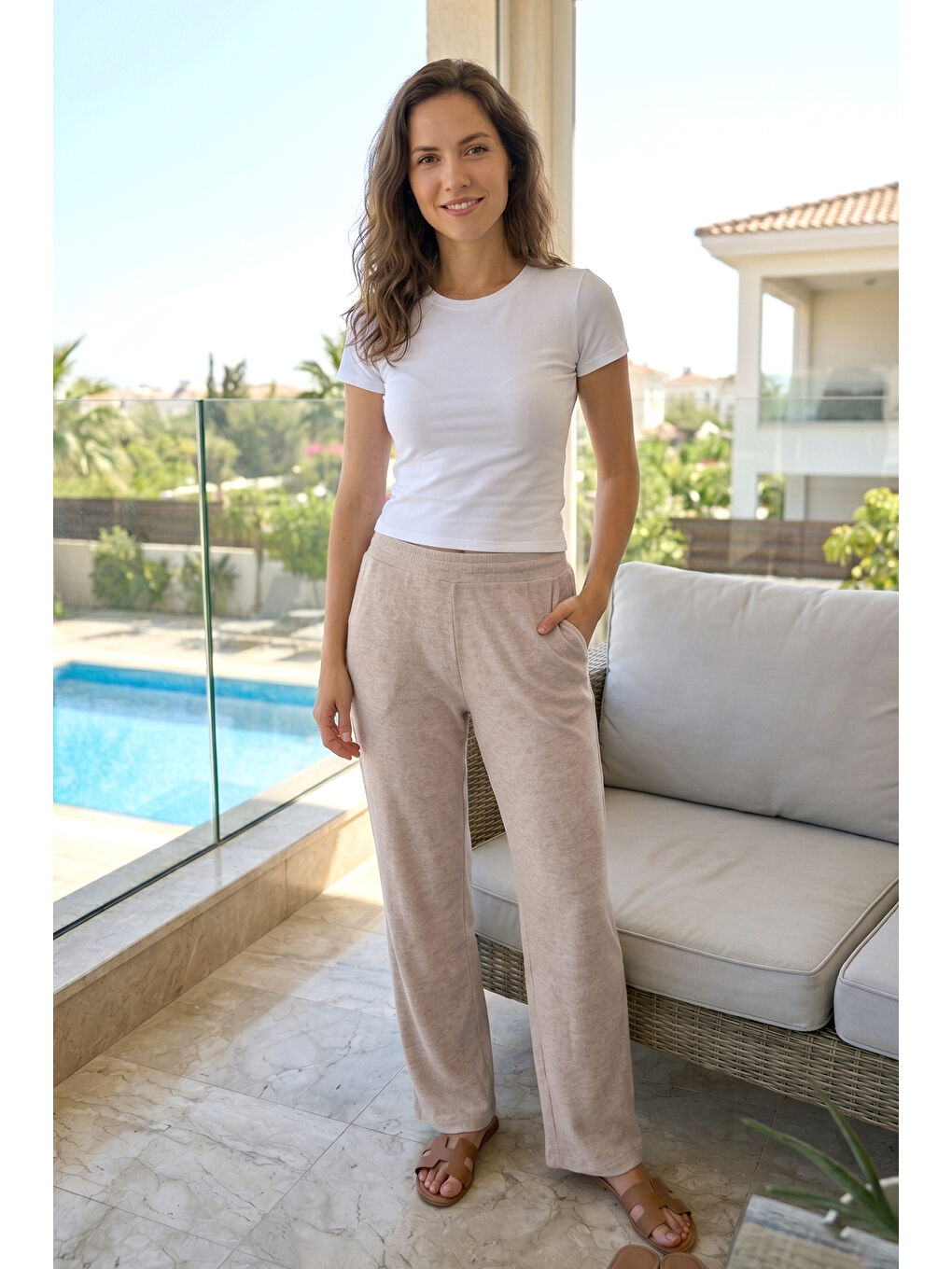 Kadın Penye Kumaş Pamuklu Tek Pijama Alt 14 Bej-3