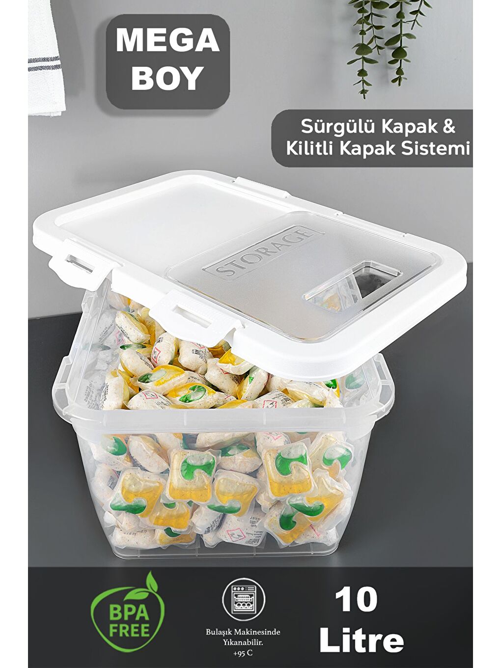 4 Adet Etiketli Deterjan Saklama Kutusu   Kilitli Kayar Kapak Tablet Toz Deterjan Kabı 10 Lt Beyaz-2