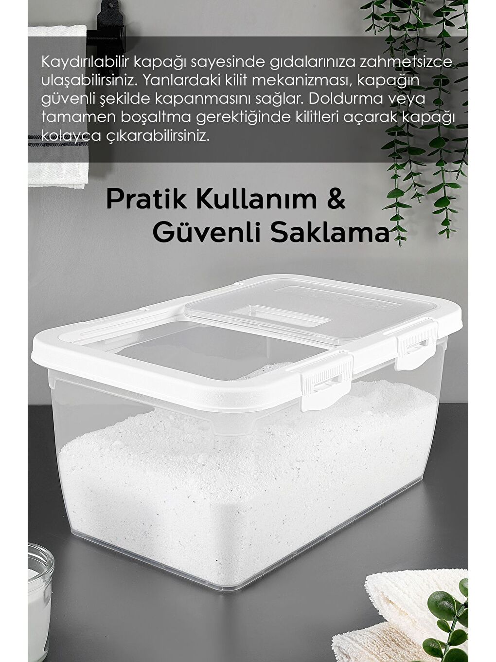 4 Adet Etiketli Deterjan Saklama Kutusu   Kilitli Kayar Kapak Tablet Toz Deterjan Kabı 10 Lt Beyaz-4