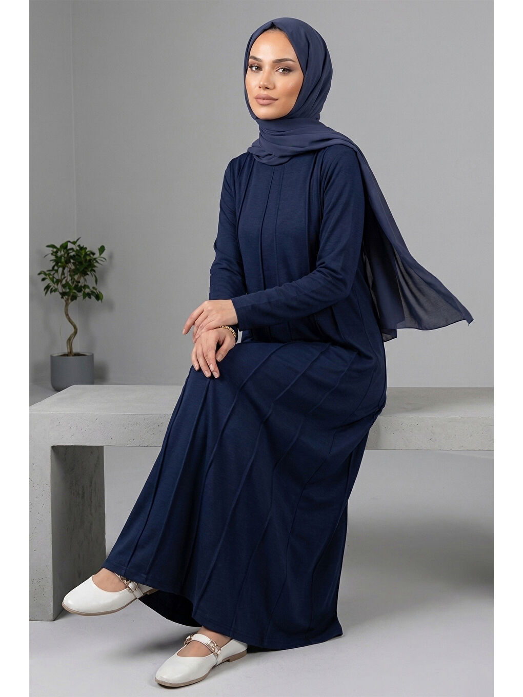 Penye Nervür Detaylı Elbise 13286 Lacivert-3