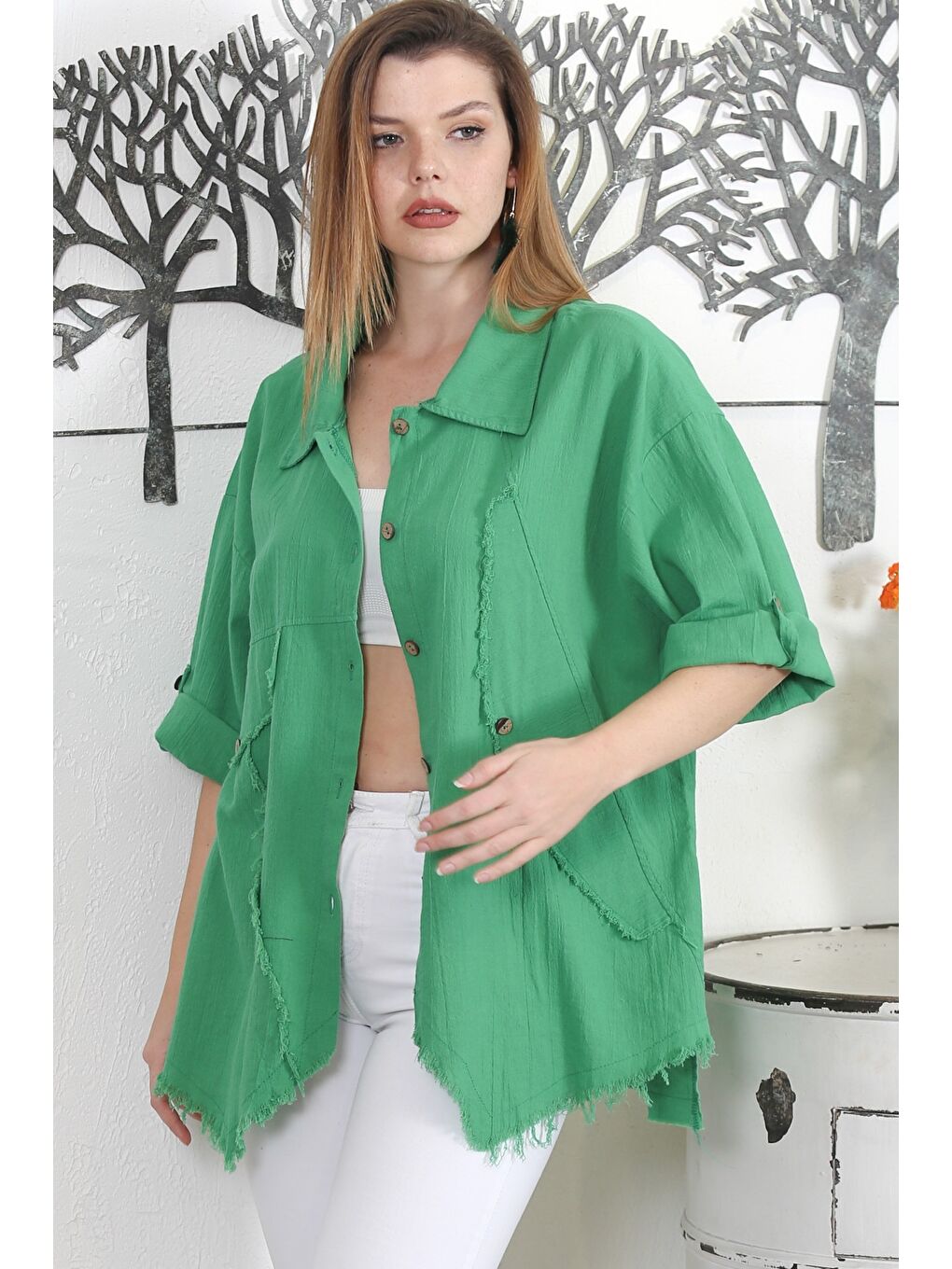 Açık Yeşil Gömlek Yaka 3/4 Kol Dokuma Casual Ceket