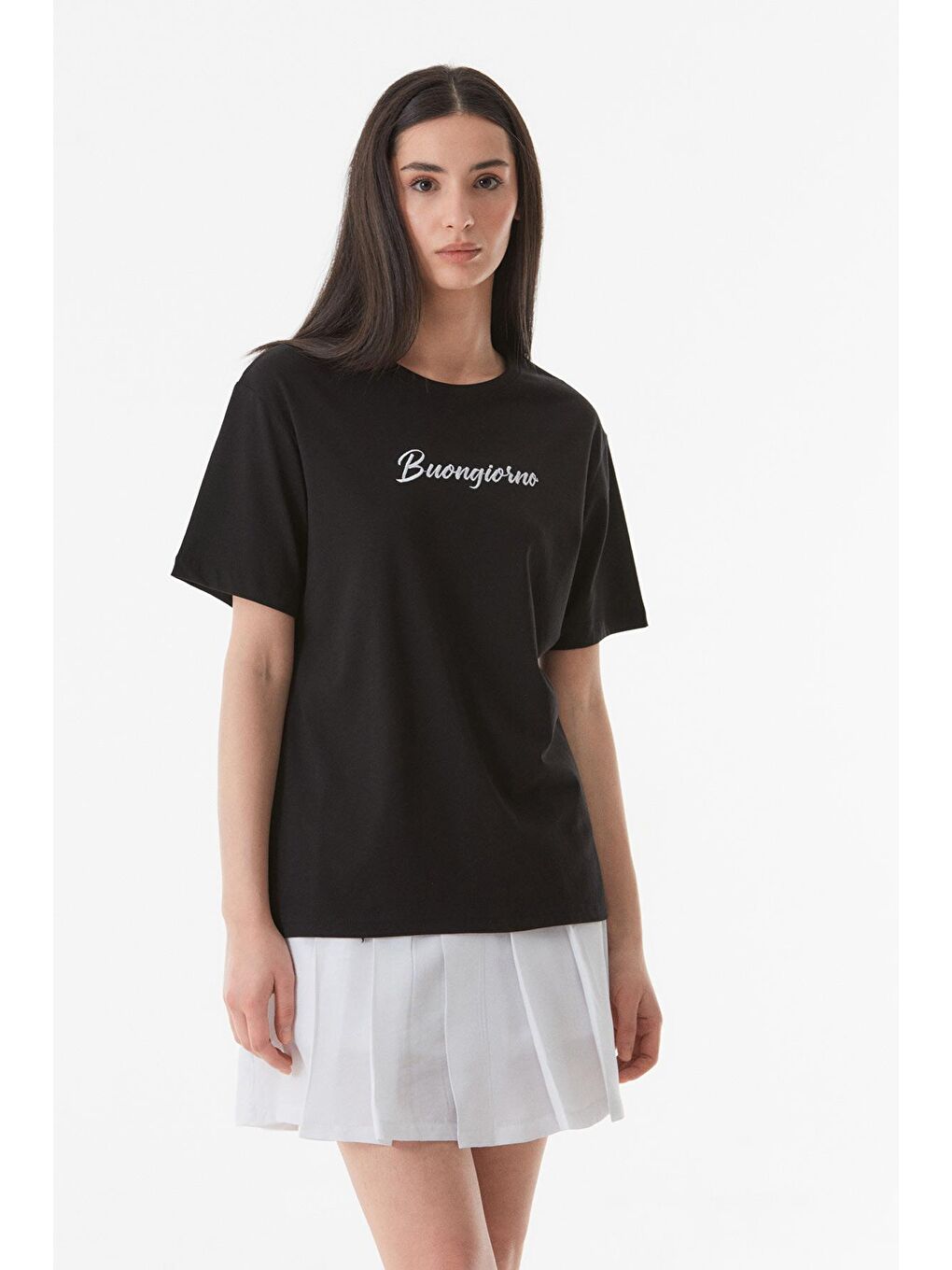 Siyah Buongiorno Nakışlı Oversize Tişört