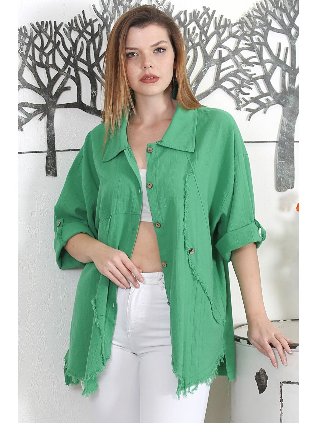 Açık Yeşil Gömlek Yaka 3/4 Kol Dokuma Casual Ceket-1