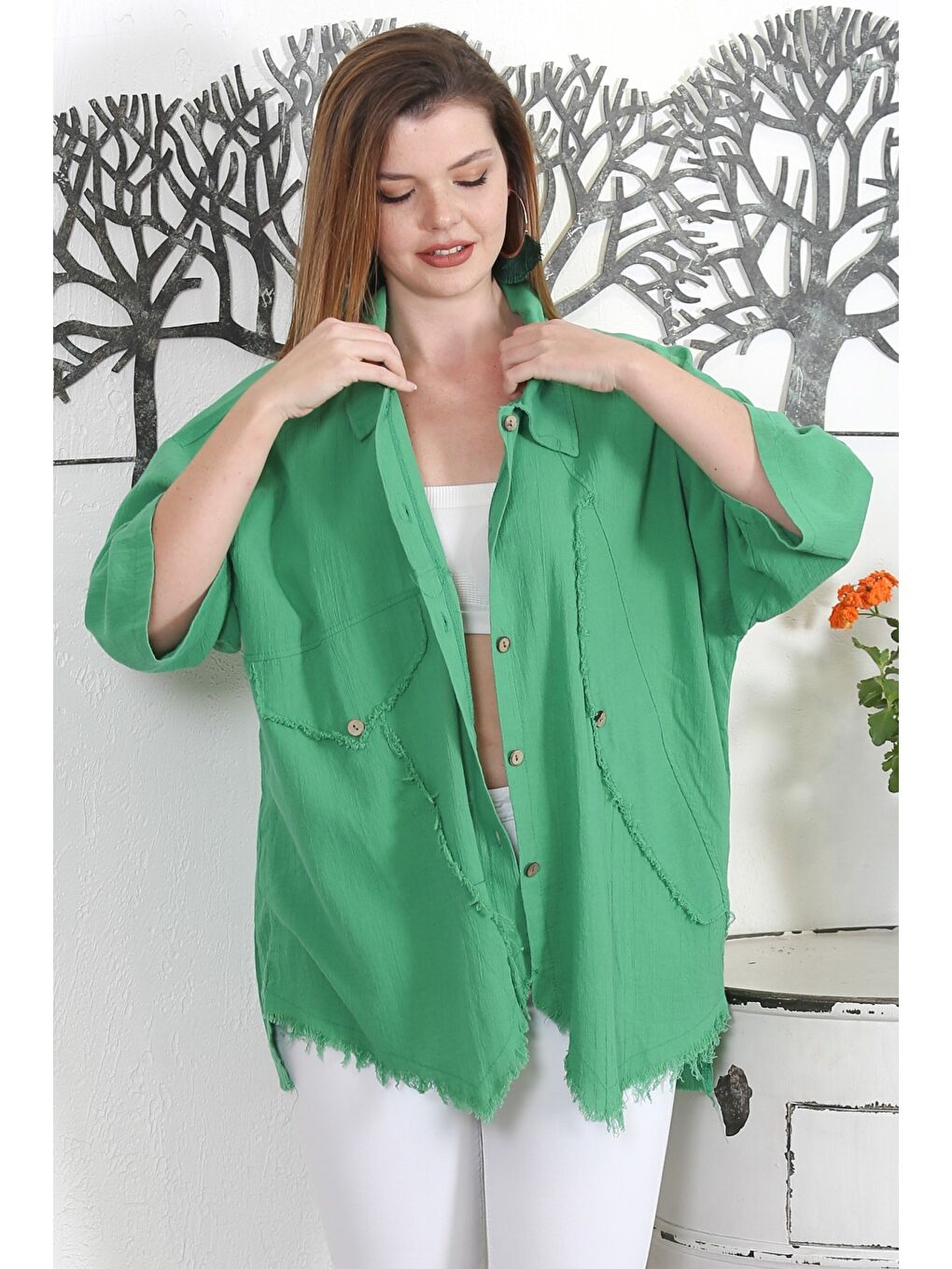 Açık Yeşil Gömlek Yaka 3/4 Kol Dokuma Casual Ceket-2