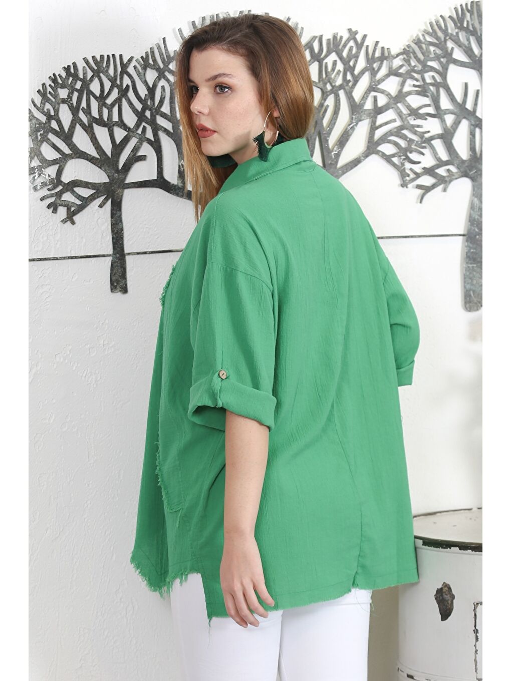 Açık Yeşil Gömlek Yaka 3/4 Kol Dokuma Casual Ceket-5