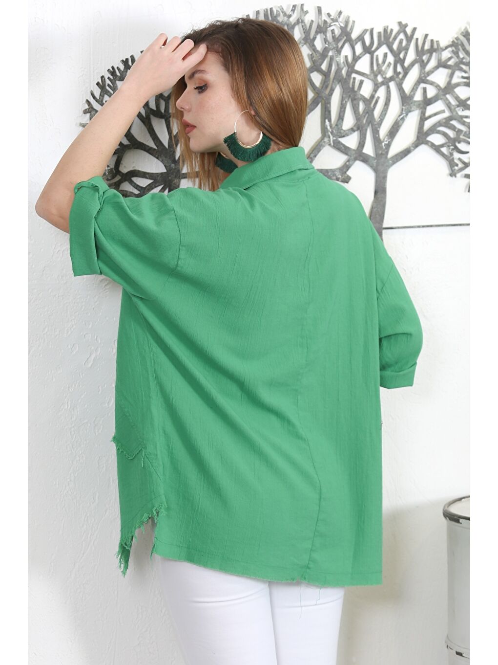 Açık Yeşil Gömlek Yaka 3/4 Kol Dokuma Casual Ceket-6