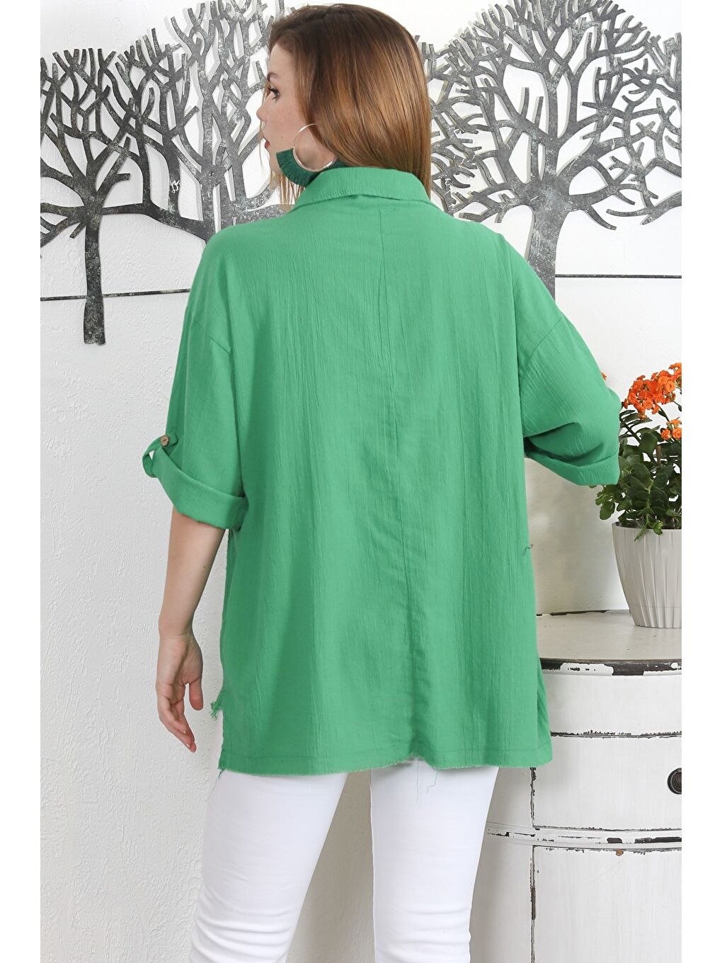 Açık Yeşil Gömlek Yaka 3/4 Kol Dokuma Casual Ceket-7