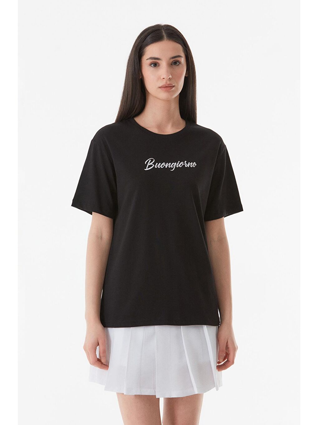 Siyah Buongiorno Nakışlı Oversize Tişört-1