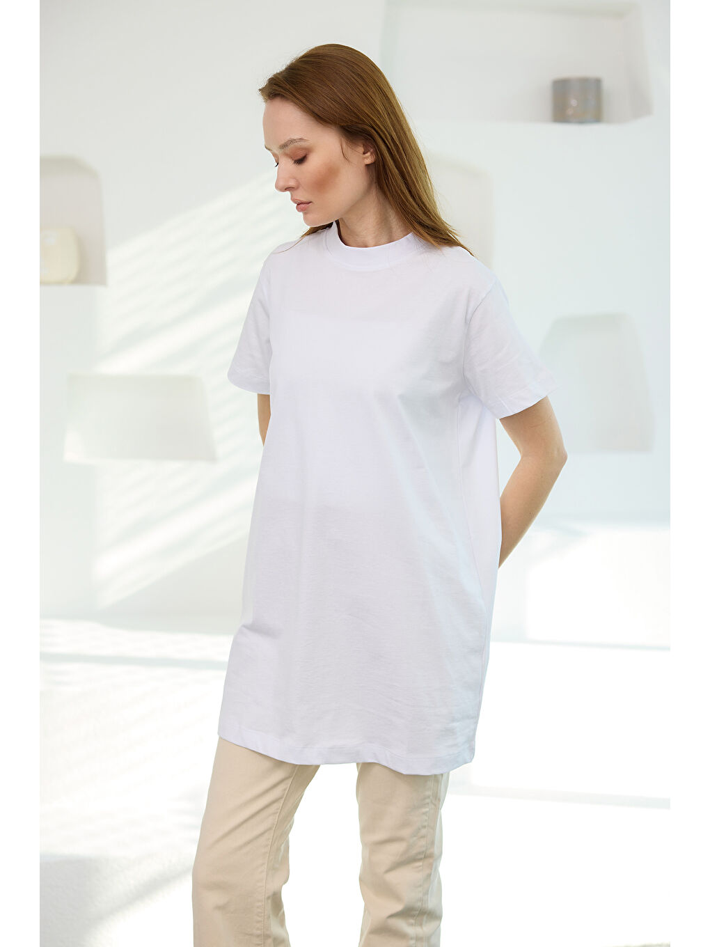 Locco Moda Kadın Bisiklet Yaka Basic Kısa Kollu İçlik Tunik Beyaz