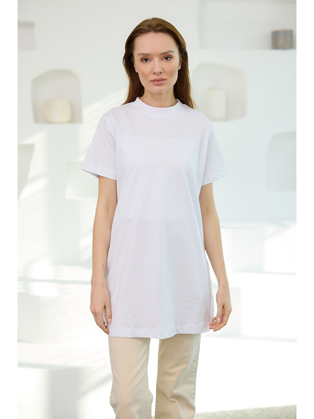 Locco Moda Kadın Bisiklet Yaka Basic Kısa Kollu İçlik Tunik Beyaz - 1