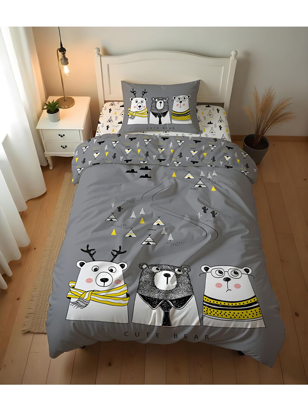 Gri Üç Ayı Yol Desenli Çarşafsız 2'li Takım Baskılı Tek Kişilik Nevresim Takımı 160x220 cm