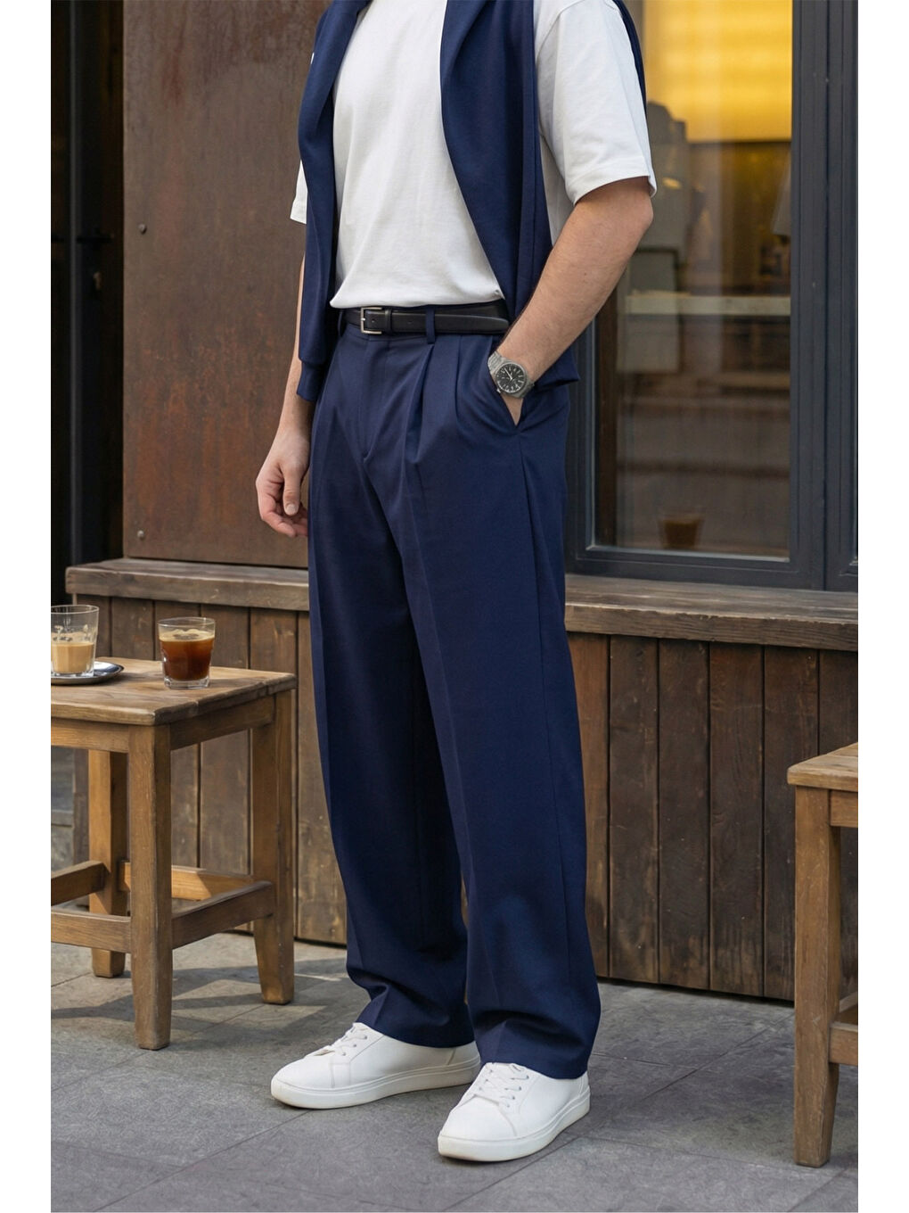 Lacivert Erkek Kumaş Baggy Kalıp Pileli Pantolon-1