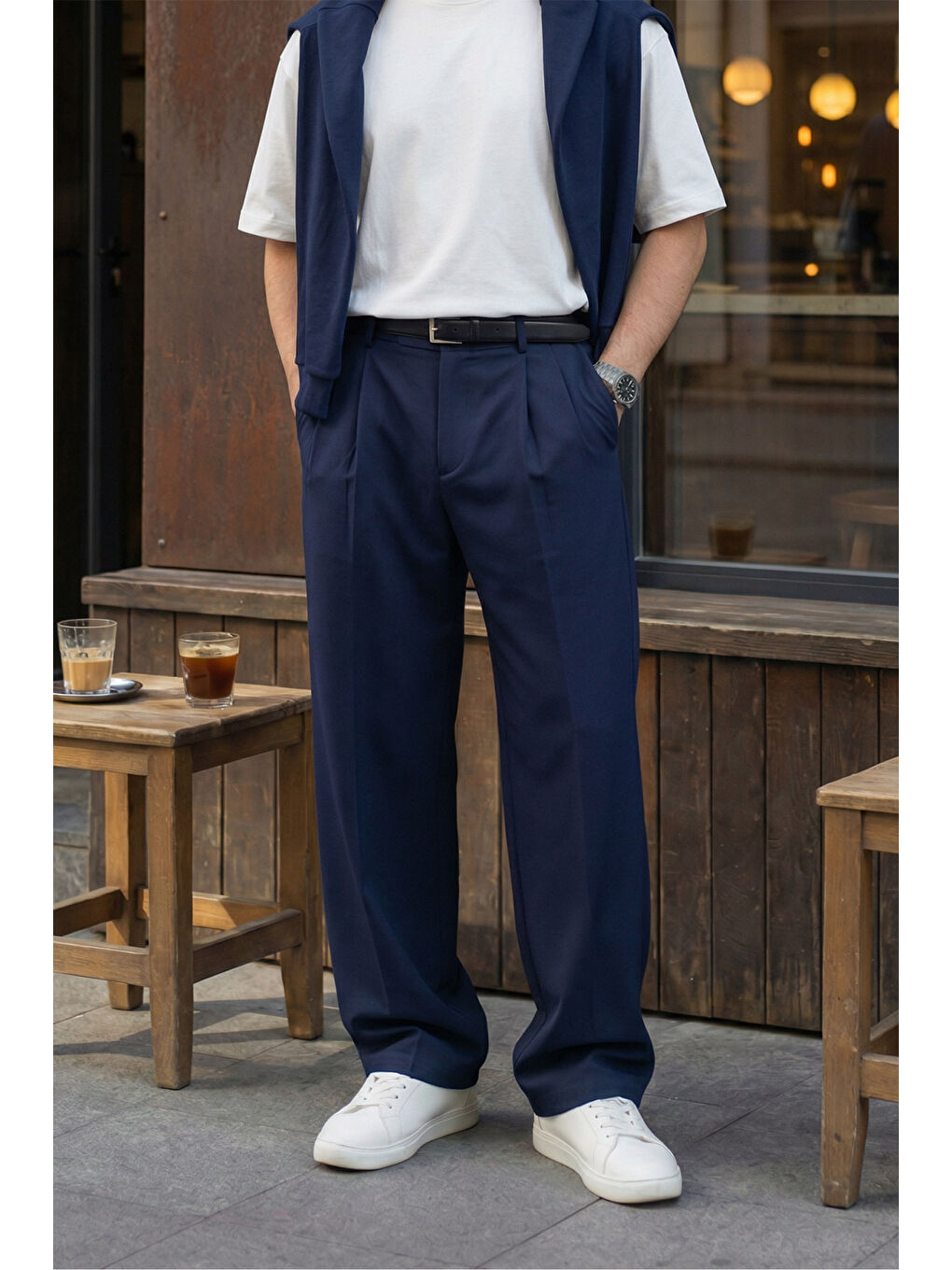 Lacivert Erkek Kumaş Baggy Kalıp Pileli Pantolon-2