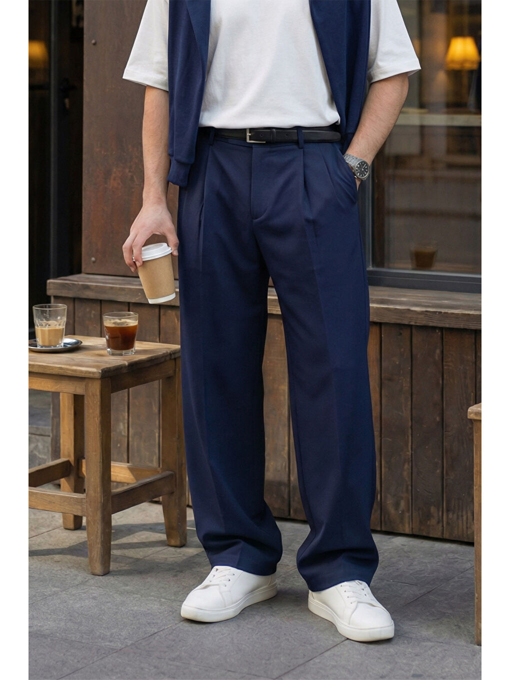 Lacivert Erkek Kumaş Baggy Kalıp Pileli Pantolon-3