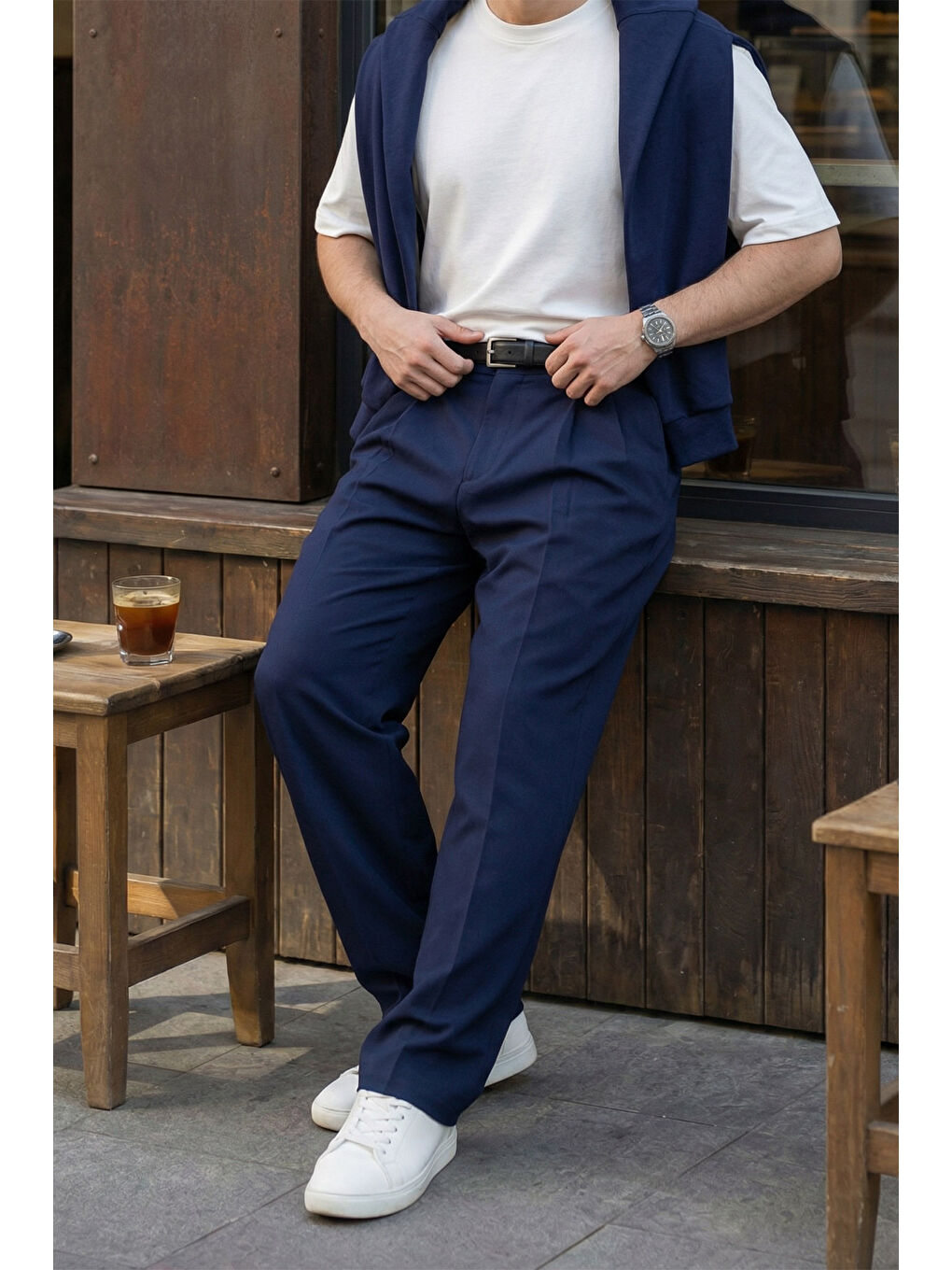 Lacivert Erkek Kumaş Baggy Kalıp Pileli Pantolon-4