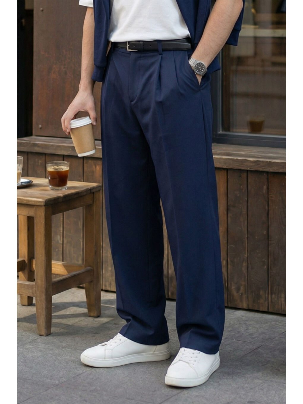 Lacivert Erkek Kumaş Baggy Kalıp Pileli Pantolon-5