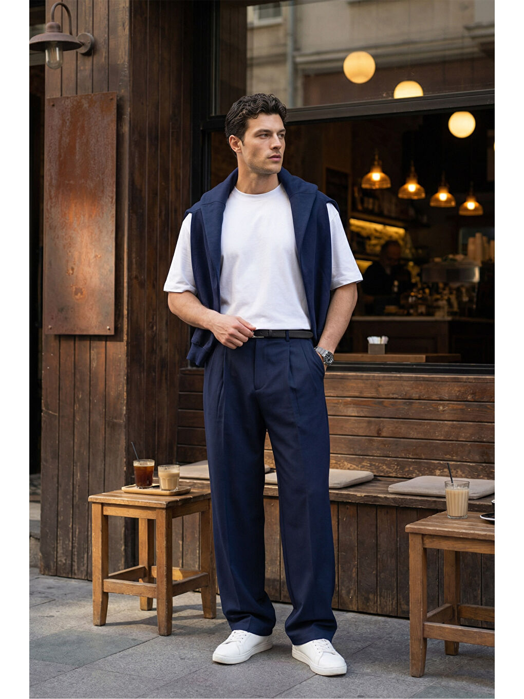 Lacivert Erkek Kumaş Baggy Kalıp Pileli Pantolon-7