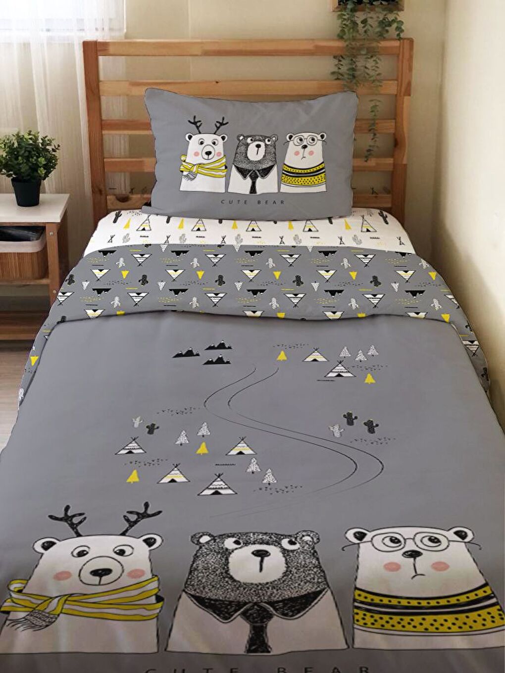 Gri Üç Ayı Yol Desenli Çarşafsız 2'li Takım Baskılı Tek Kişilik Nevresim Takımı 160x220 cm-1