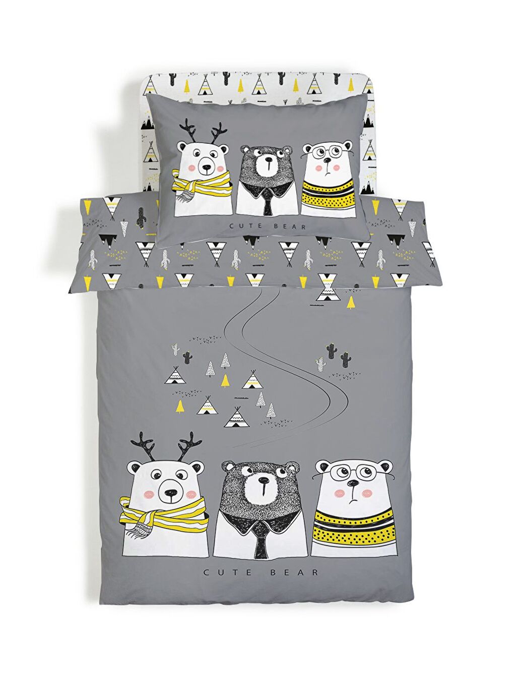 Gri Üç Ayı Yol Desenli Çarşafsız 2'li Takım Baskılı Tek Kişilik Nevresim Takımı 160x220 cm-2