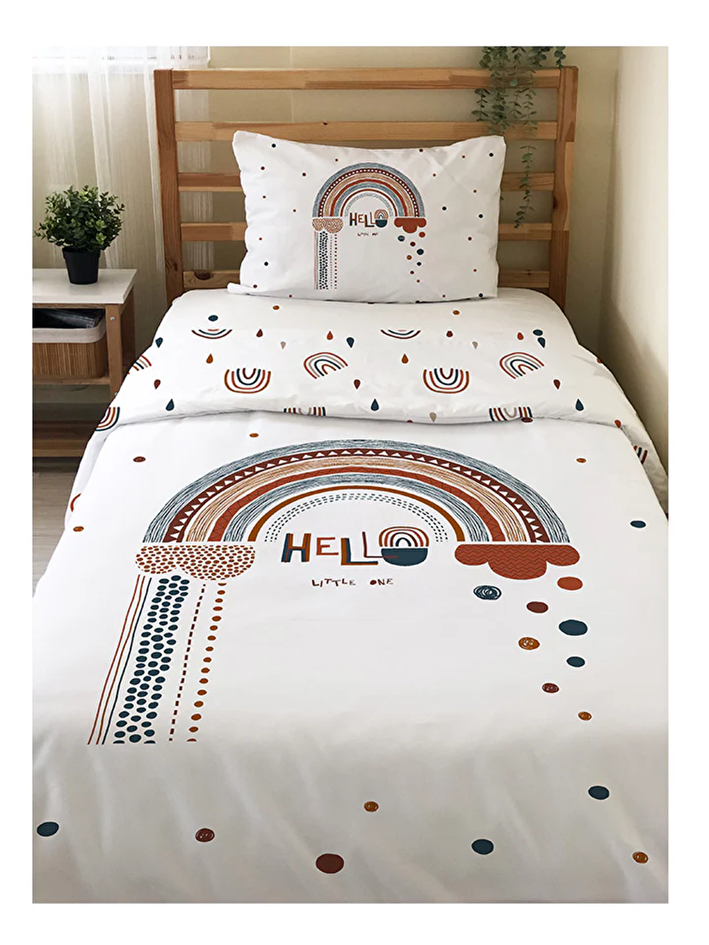 Beyaz Desenli Çarşafsız 2'li Takım Baskılı Tek Kişilik Nevresim Takımı 160x220 cm-1